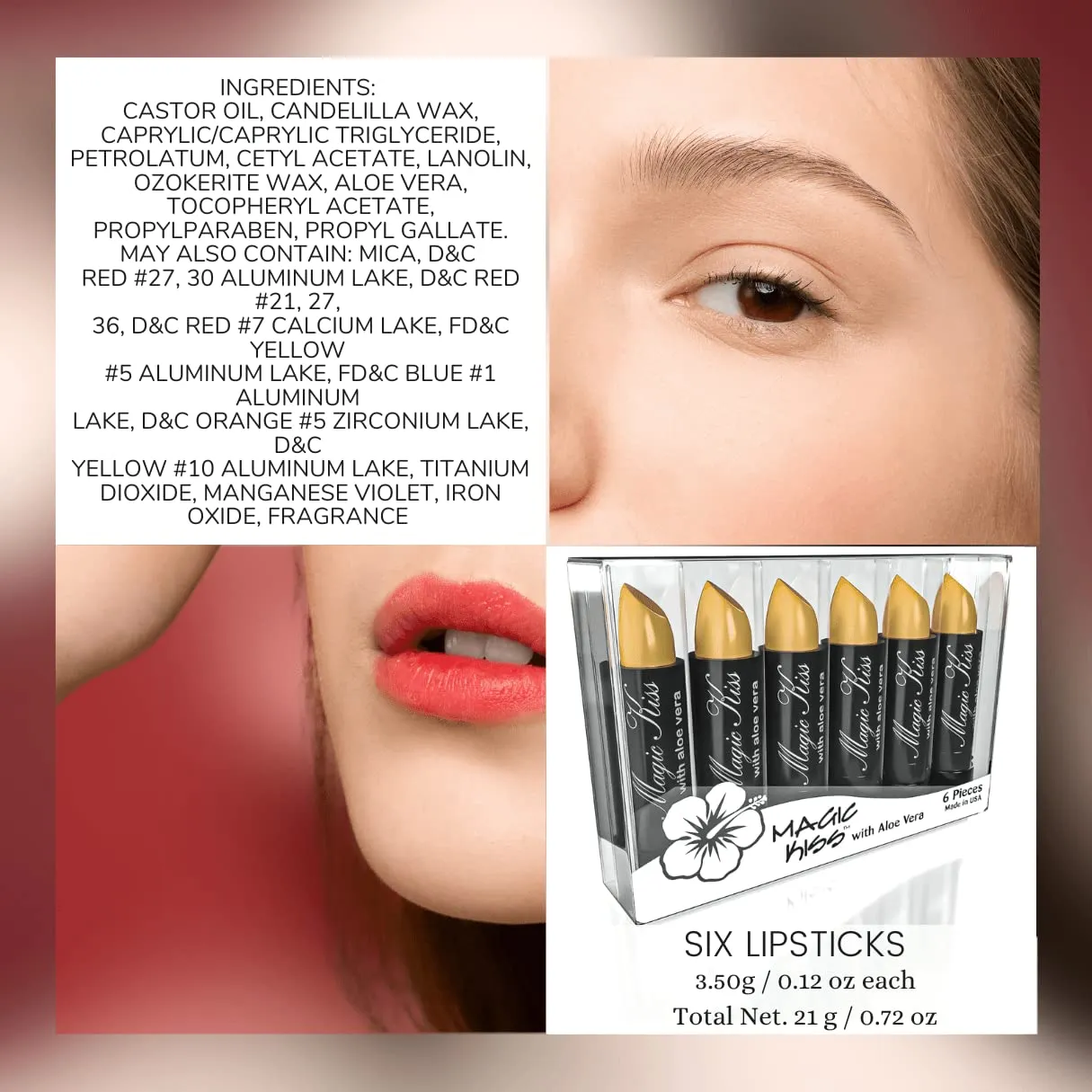 Magic Kiss Lipstick Set Aloe Vera Color Changing 6 Pack MADE IN USA (Gold)