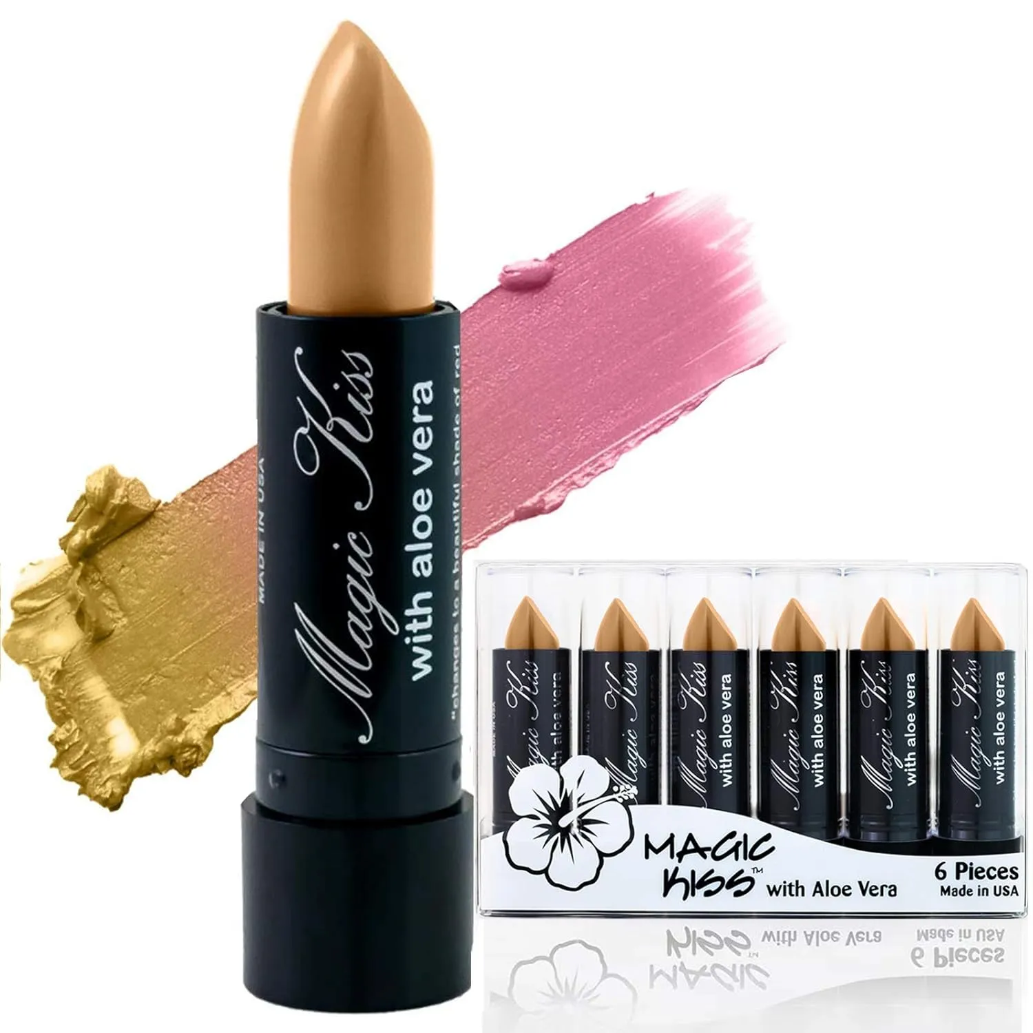 Magic Kiss Lipstick Set Aloe Vera Color Changing 6 Pack MADE IN USA (Gold)