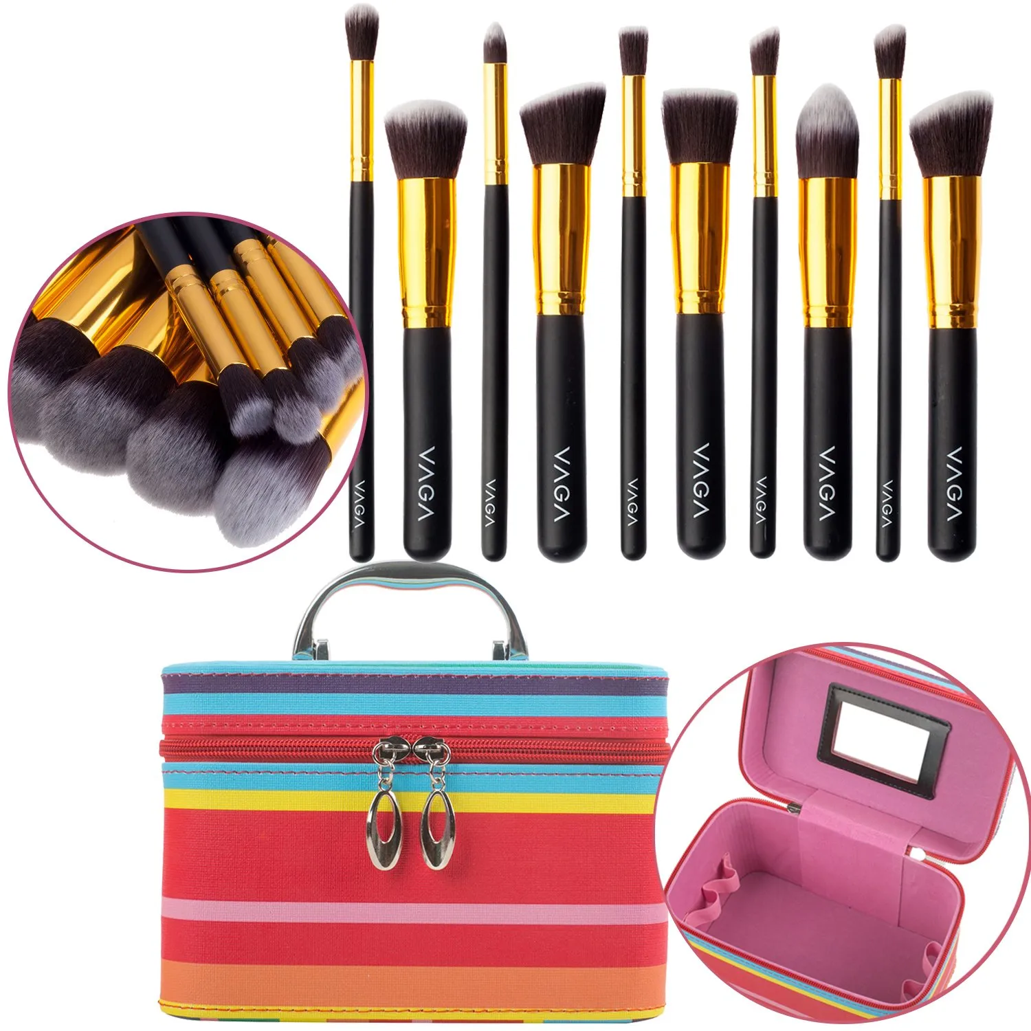 Make Up Artists Tools Set/Kit/Lot With 10pcs Various Kabuki Brushes/Applicators and Makeup Cosmetics Bag/Box/Organizer/Holder