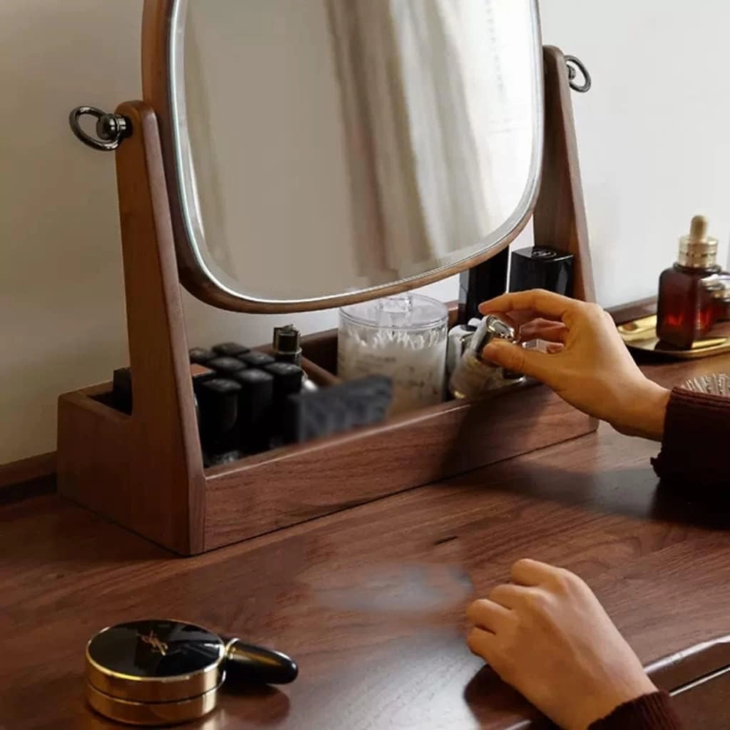 Make Up Mirror Wooden Makeup Mirror Storage Box One Bedroom Dressing Table Mirror Rotatable Beauty Mirror Mirror for Desk