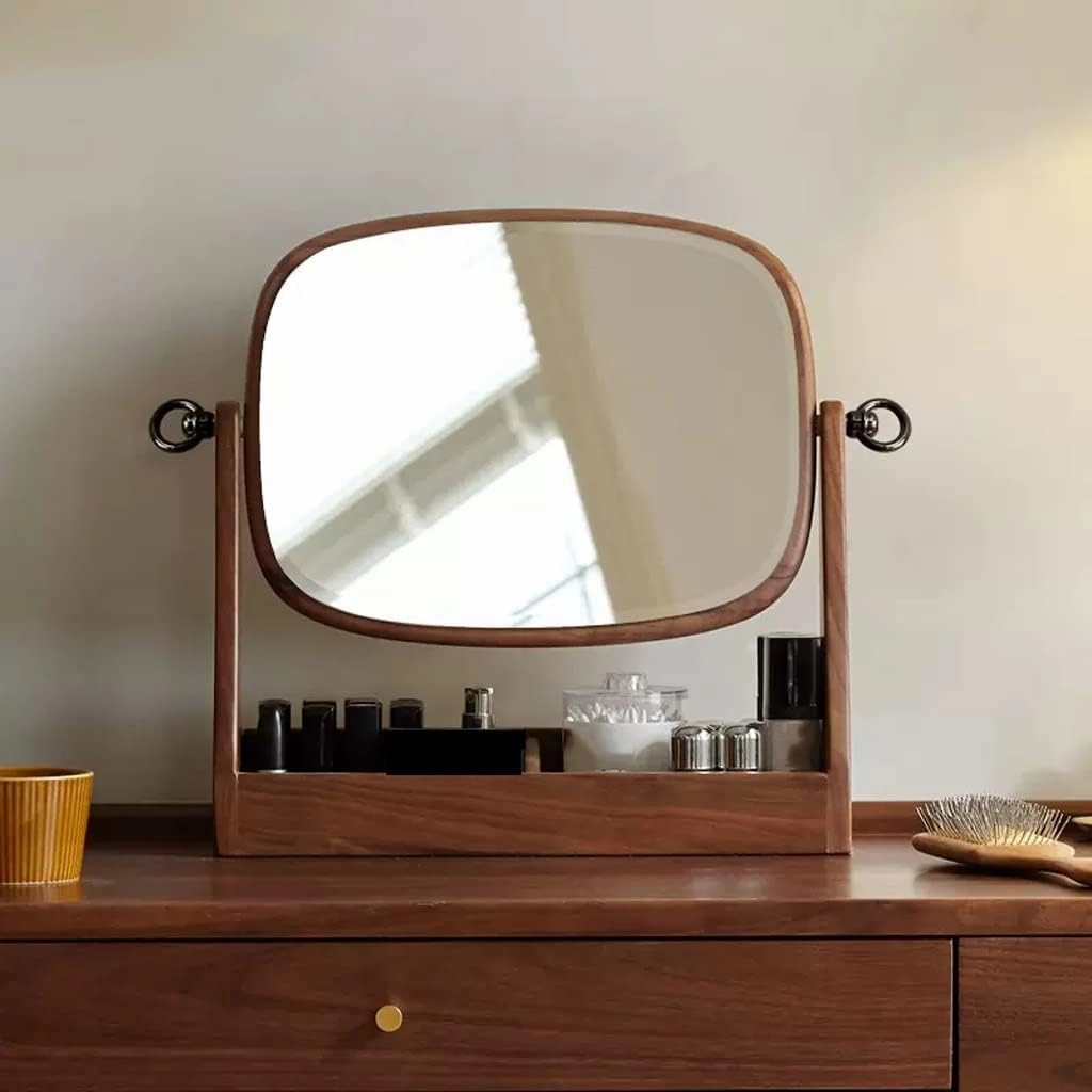 Make Up Mirror Wooden Makeup Mirror Storage Box One Bedroom Dressing Table Mirror Rotatable Beauty Mirror Mirror for Desk