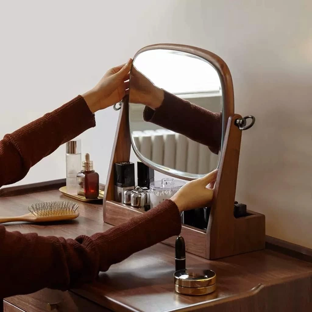 Make Up Mirror Wooden Makeup Mirror Storage Box One Bedroom Dressing Table Mirror Rotatable Beauty Mirror Mirror for Desk