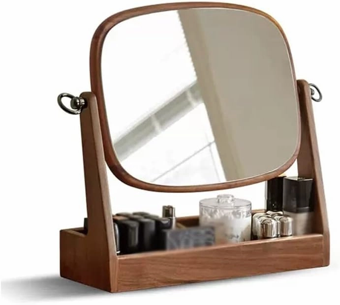 Make Up Mirror Wooden Makeup Mirror Storage Box One Bedroom Dressing Table Mirror Rotatable Beauty Mirror Mirror for Desk