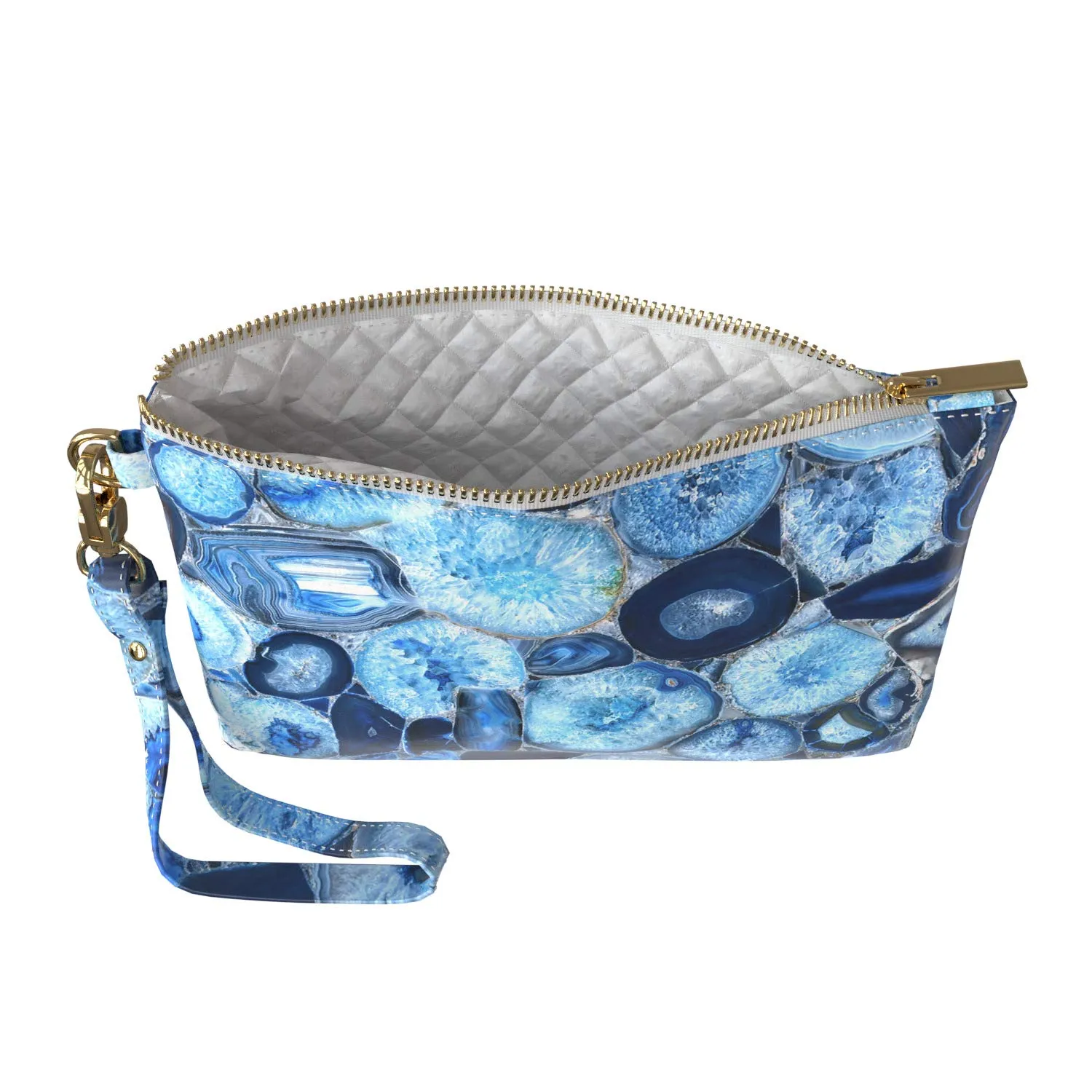 Makeup Bag 9.5 x 6 inch Agate Purse Pouch Blue Stone Storage Onyx Bright Portable Organizer Design Strap Accessories Cosmetic Glam Print PU Leather Toiletry Zipper Travel Case Crystals Marble