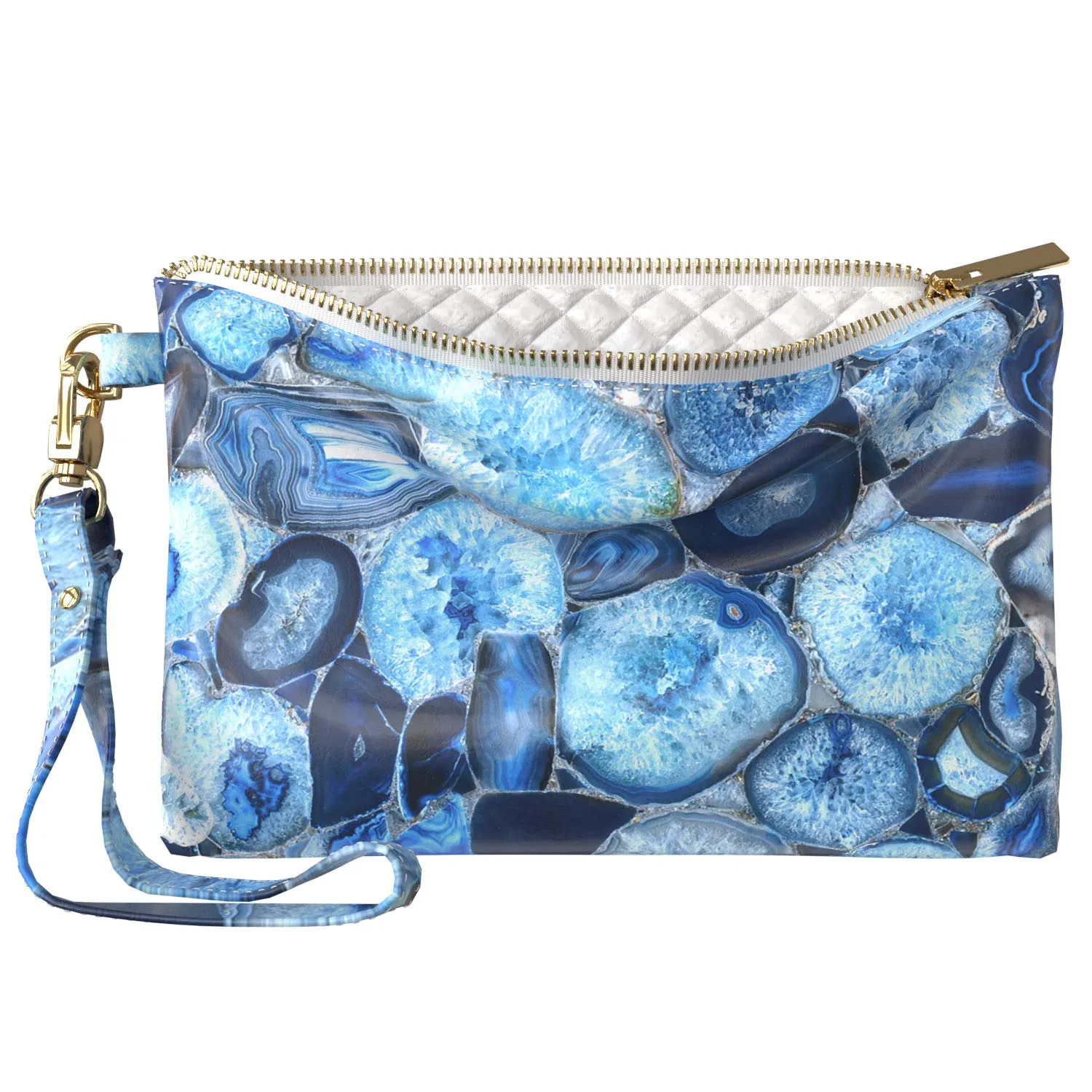Makeup Bag 9.5 x 6 inch Agate Purse Pouch Blue Stone Storage Onyx Bright Portable Organizer Design Strap Accessories Cosmetic Glam Print PU Leather Toiletry Zipper Travel Case Crystals Marble