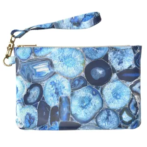 Makeup Bag 9.5 x 6 inch Agate Purse Pouch Blue Stone Storage Onyx Bright Portable Organizer Design Strap Accessories Cosmetic Glam Print PU Leather Toiletry Zipper Travel Case Crystals Marble