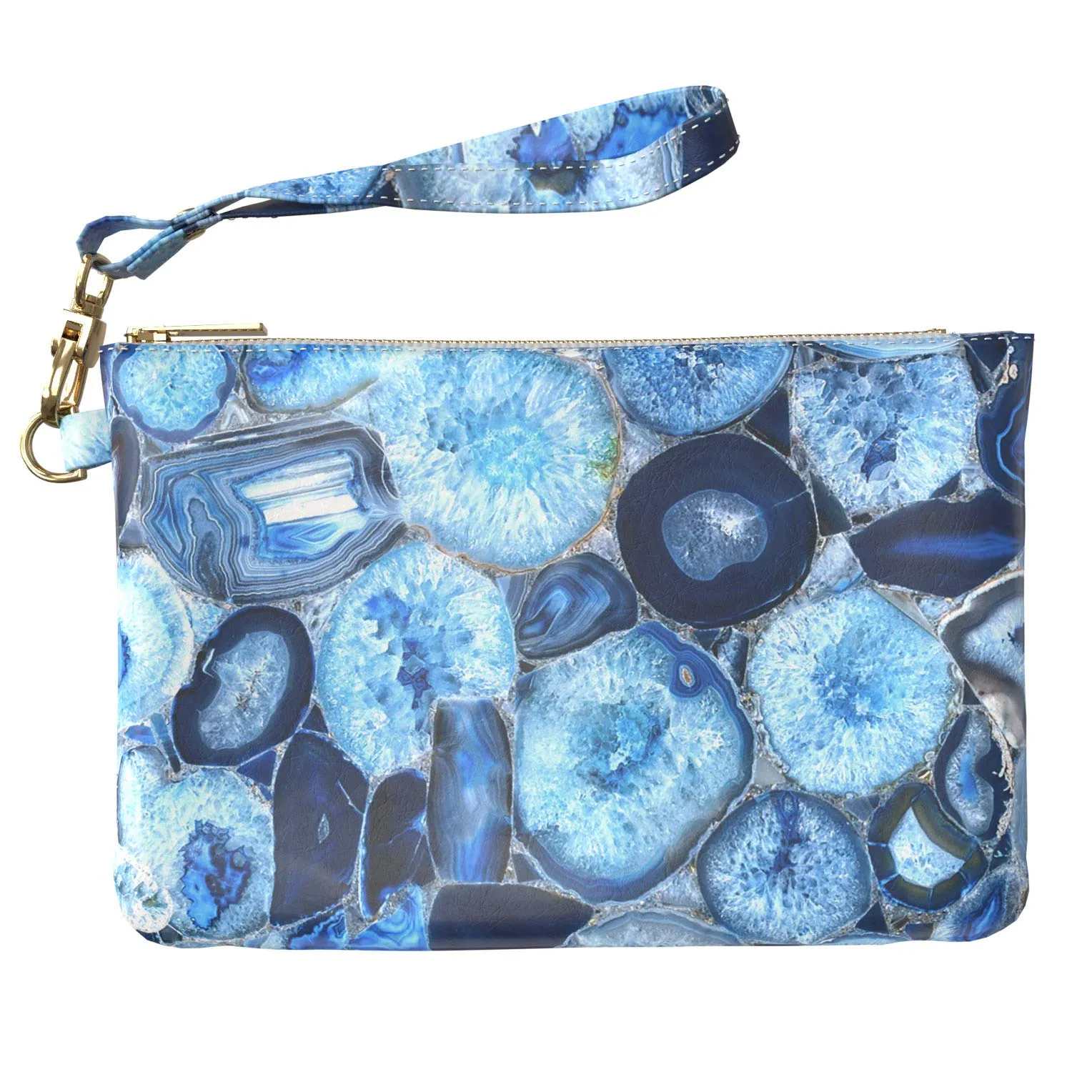 Makeup Bag 9.5 x 6 inch Agate Purse Pouch Blue Stone Storage Onyx Bright Portable Organizer Design Strap Accessories Cosmetic Glam Print PU Leather Toiletry Zipper Travel Case Crystals Marble