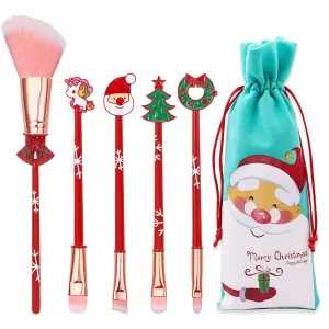 Makeup Brushes Set Christmas Theme, Santa Claus Reindeer Jingling Bell Cosmetic Makeup Tool Kit Blending Lip Brushes Set of 5 Drawstring Bag Included