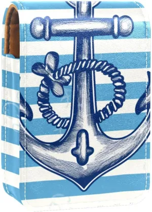 Makeup Organizer,Makeup Lipstick Case for Outside Mini Bag Travel Cosmetic Pouch,Anchor Striped Bright Blue Marine