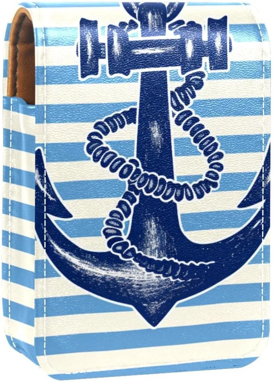 Makeup Organizer,Makeup Lipstick Case for Outside Mini Bag Travel Cosmetic Pouch,Anchor Striped Bright Blue Marine