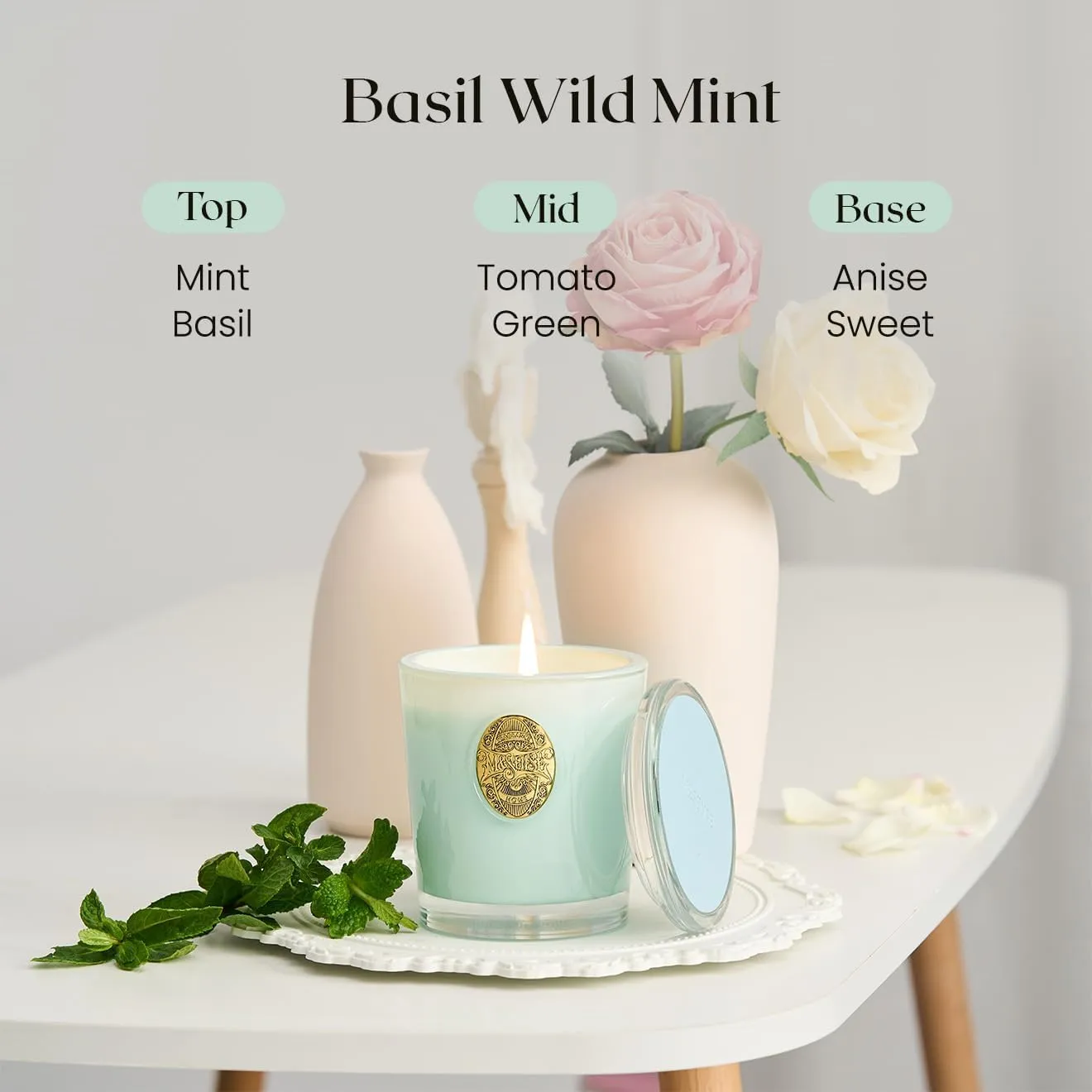 M&SENSE Natural Soy Candle| Basil Wild Mint Green | 10.2 oz, 55H Burn | Luxury Scented Candle for Relaxation, Gifting, Home Décor | for Bedroom, Office, Party