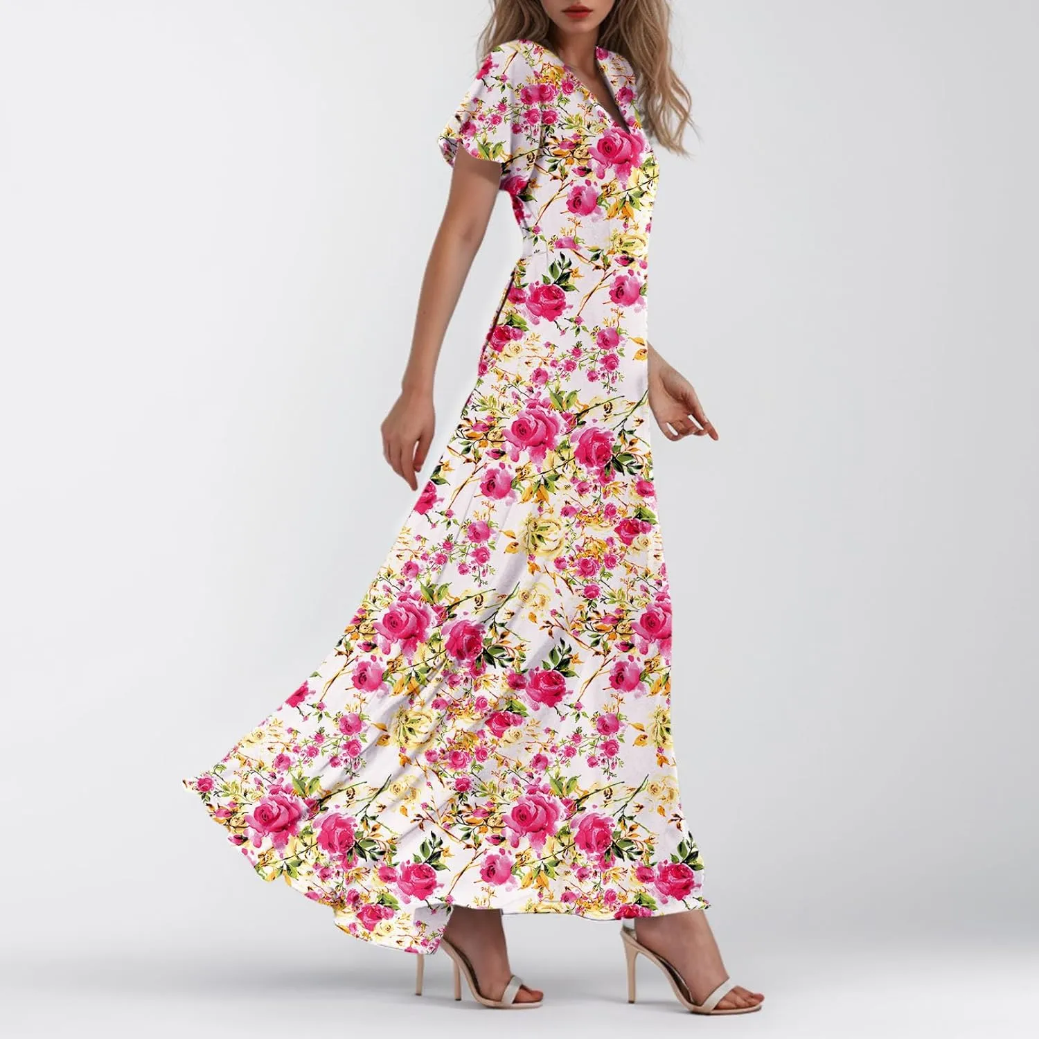 Maxi Floral Dresses for Women 2025 Summer Elegant Flowy Sundresses Trendy Flutter Sleeve Boho Long Dress V Neck Party