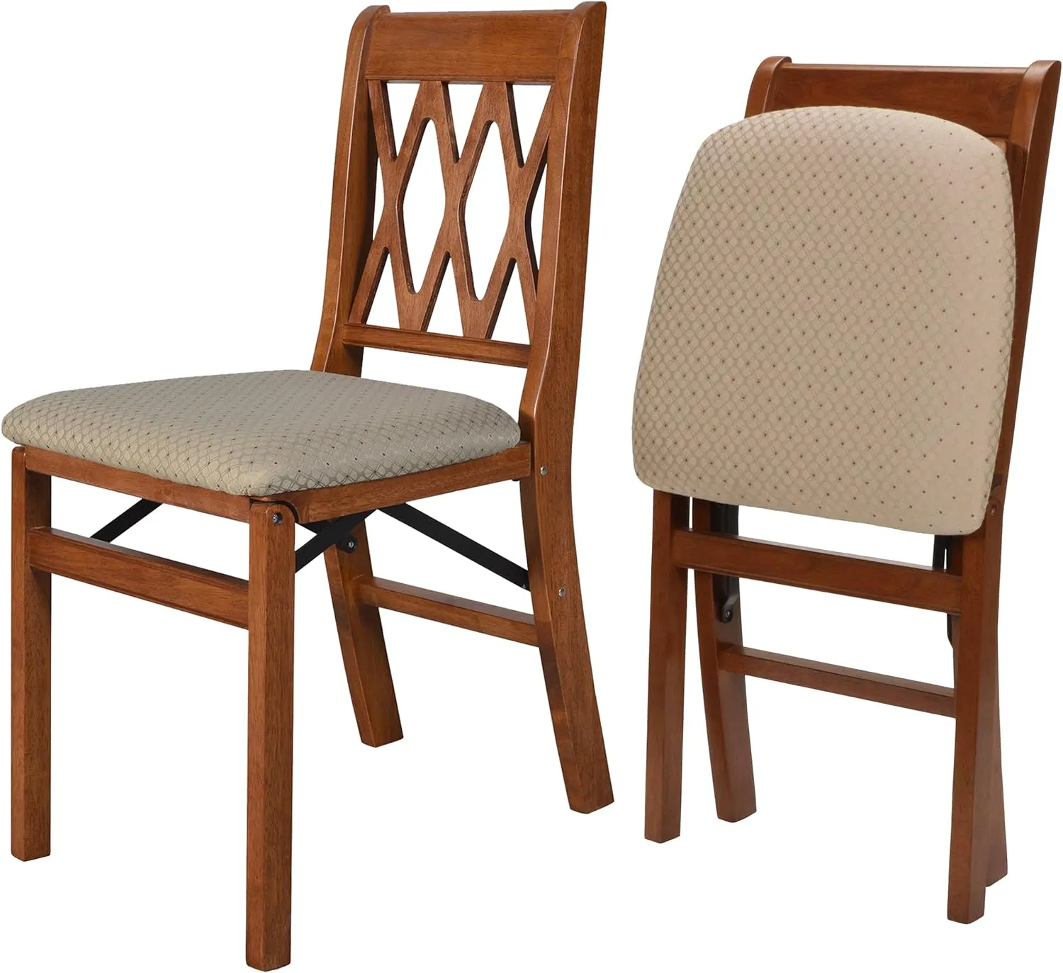 MECO Stakmore Lattice Back Wooden Folding Chairs with Padded Seats, Set of 2 - No Assembly Foldable Dining Chairs, Steel Folding Mechanism, Upholstered Cushion, Space-Saving, Cherry Frame