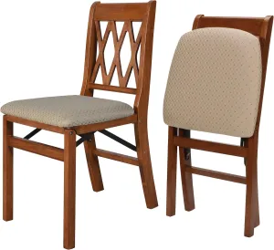 MECO Stakmore Lattice Back Wooden Folding Chairs with Padded Seats, Set of 2 - No Assembly Foldable Dining Chairs, Steel Folding Mechanism, Upholstered Cushion, Space-Saving, Cherry Frame