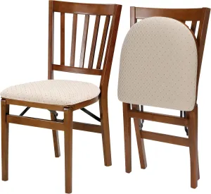 MECO Stakmore School House Wooden Folding Chairs with Padded Seats, Set of 2 - No Assembly Foldable Dining Chairs, Steel Folding Mechanism, Upholstered Cushion, Space-Saving, Fruitwood Frame