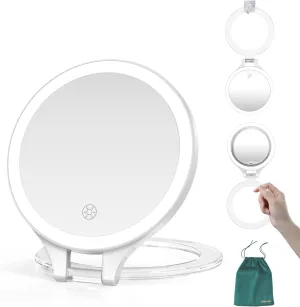 Mocado Travel Makeup Mirror with Light, 1X/20X Magnifying Mirror with Light, Double Sides Travel Mirror with 3 Color Light, Dimmable Touch, 1500mAh Rechargeable Lighted Makeup Mirror(White)