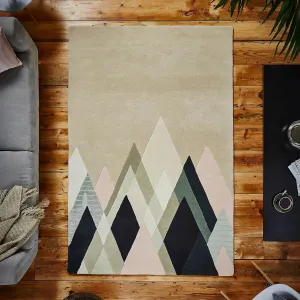 Modern Geometric Mountain Area Rug, Hand Tufted, Contemporary Design, Beige and Navy (9X12)