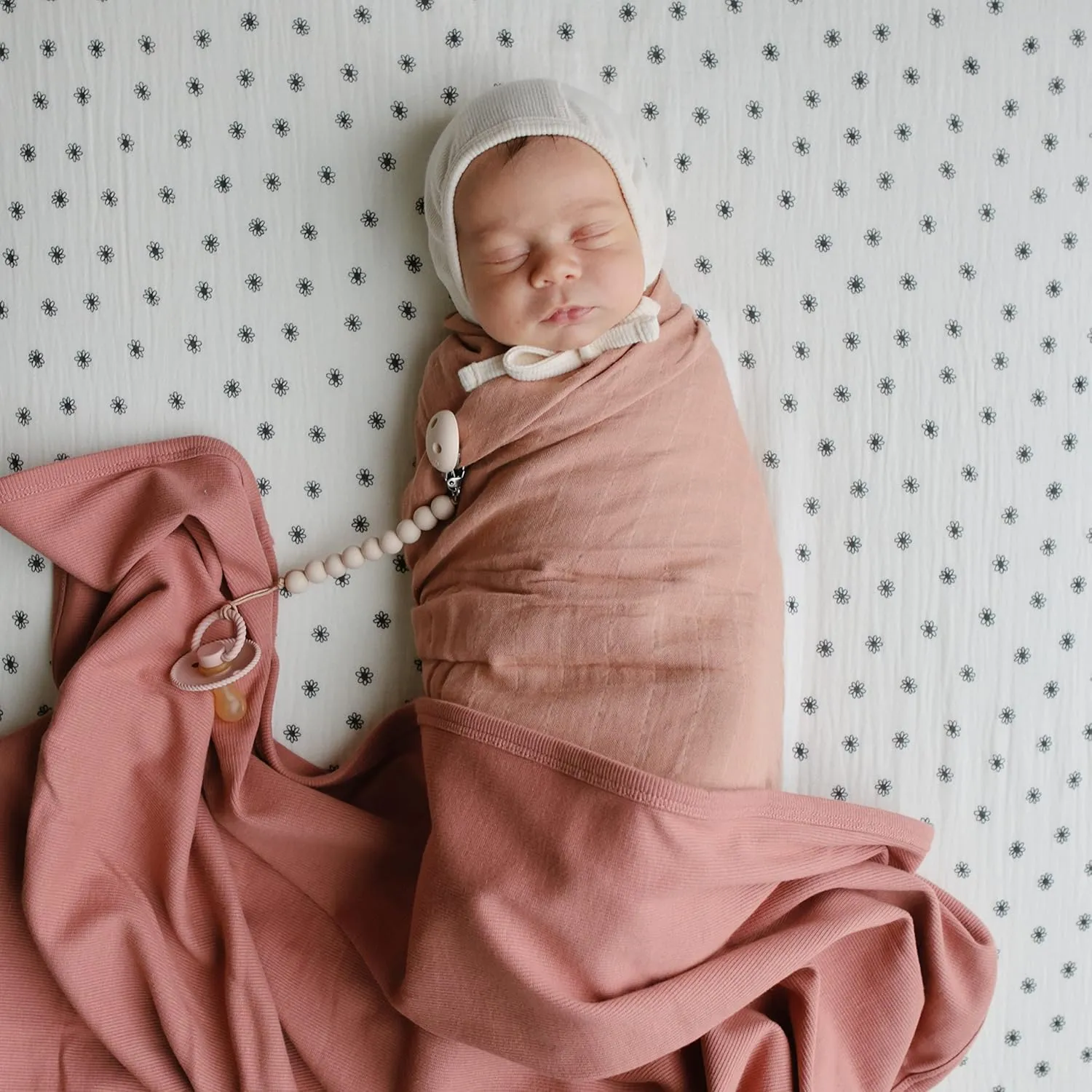 mushie Extra Soft Baby Blanket | Cotton and Elastane Ribbed Receiving Blanket, Swaddle, Stroller | 35x35 Inch (Blush)