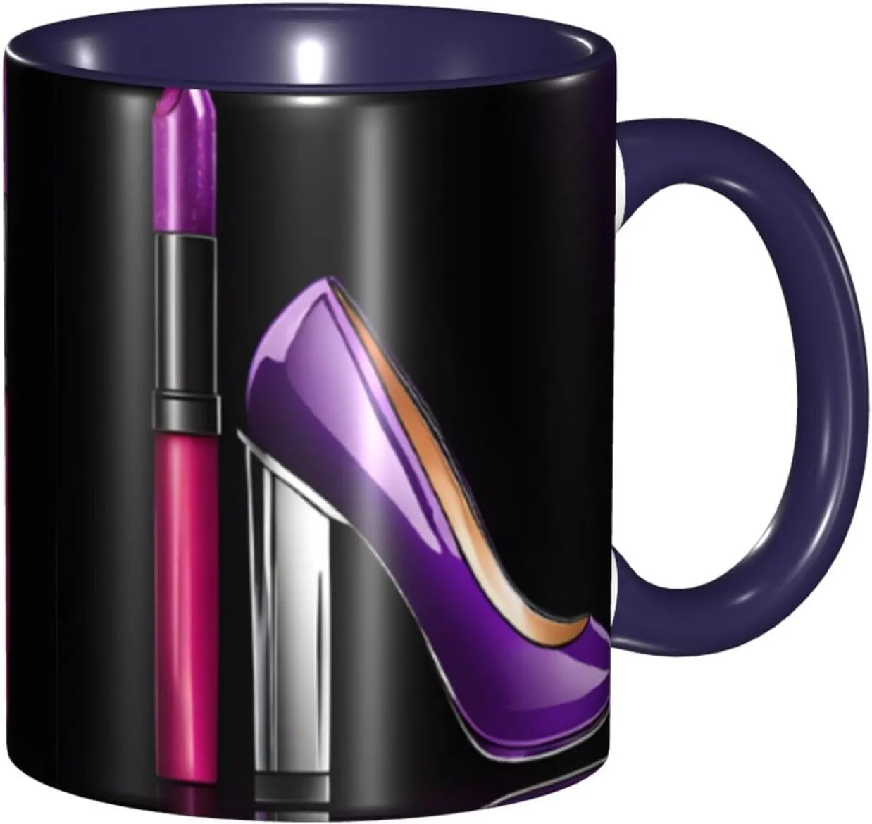 Navy Blue Ceramic Coffee Mugs 11oz, (Elegant Purple High Heels with Lipstick) Print Restaurant Coffee Mug for Coffee,Cappuccino,Tea,Cocoa,Cereal