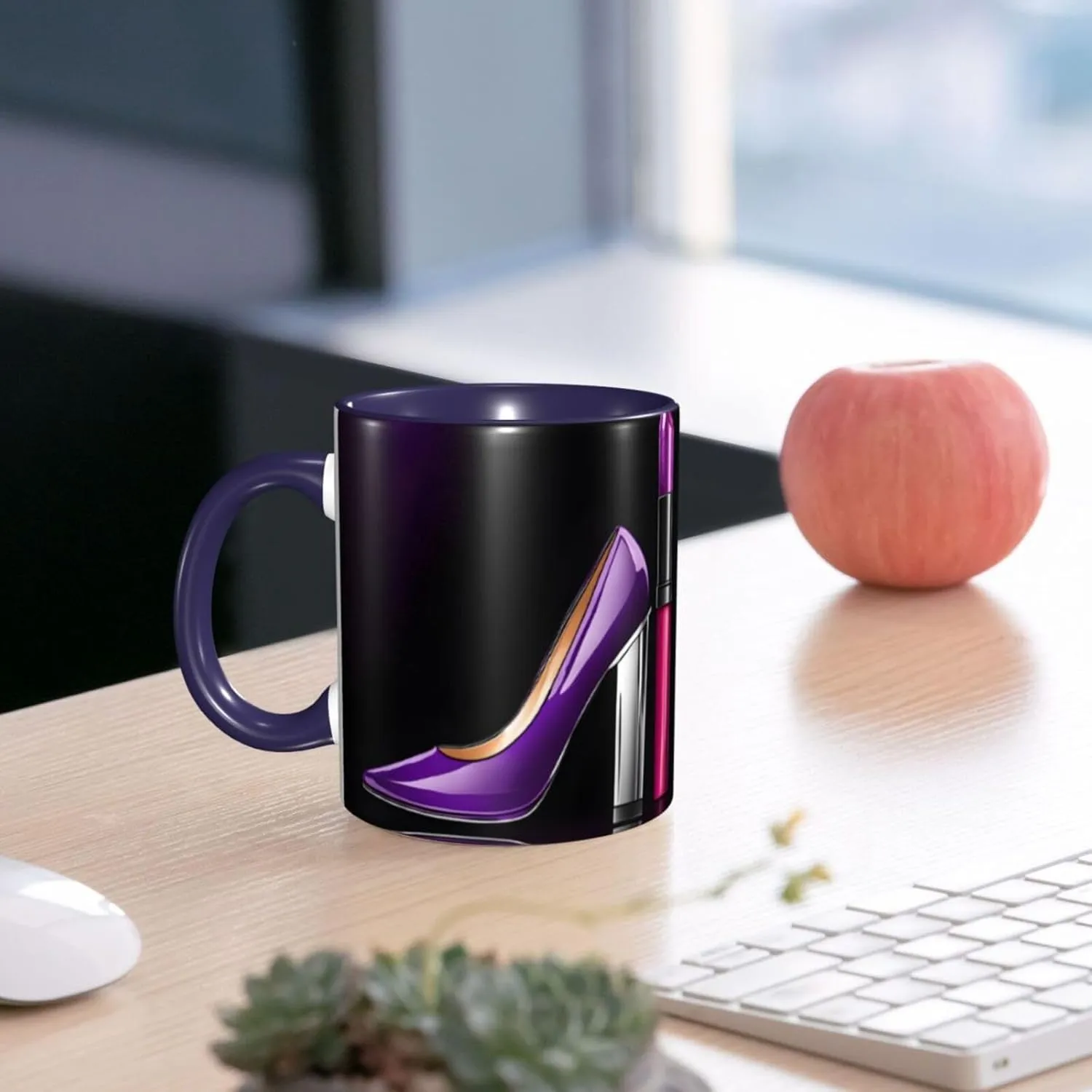 Navy Blue Ceramic Coffee Mugs 11oz, (Elegant Purple High Heels with Lipstick) Print Restaurant Coffee Mug for Coffee,Cappuccino,Tea,Cocoa,Cereal
