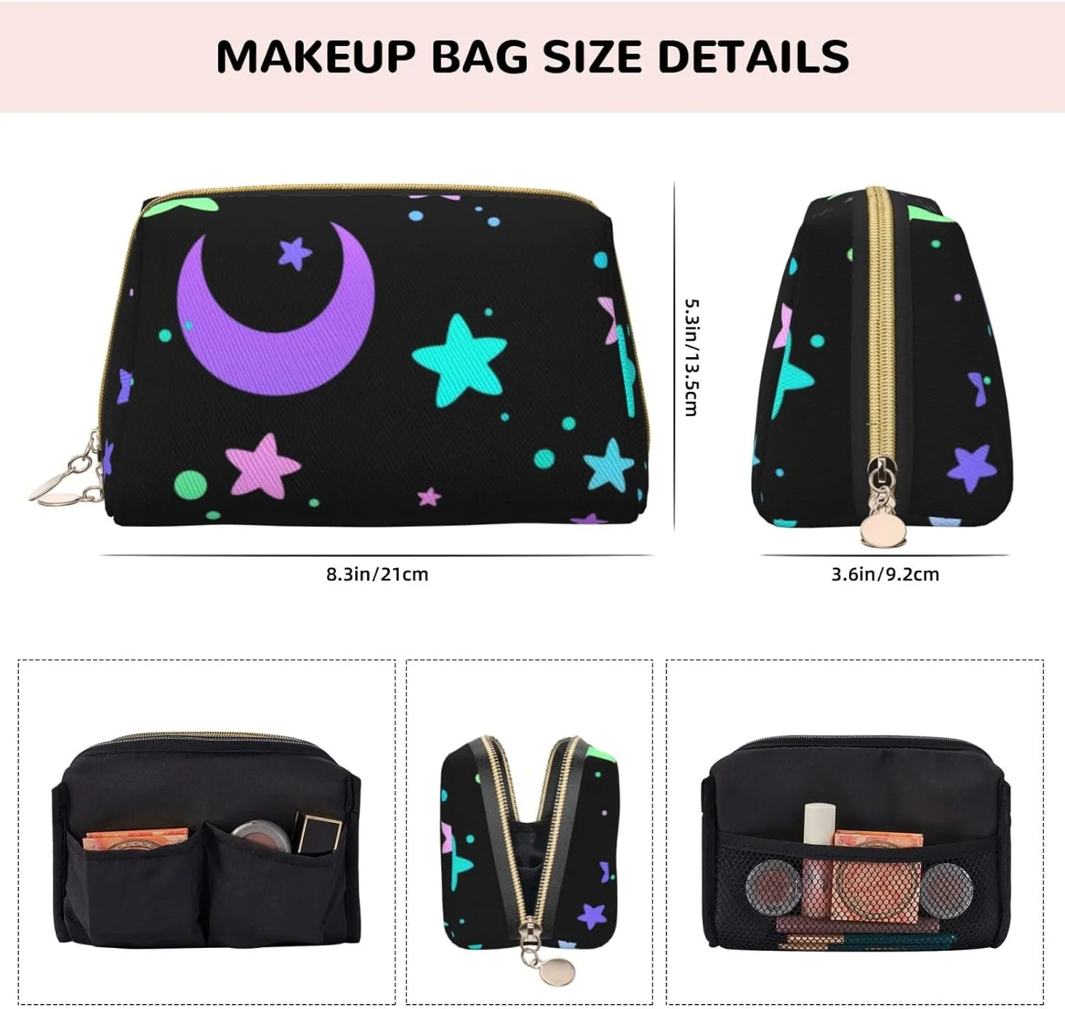 New Moon And Stars Makeup Bag Large Makeup Bag Zipper Pouch Travel Cosmetic Organizer For Women