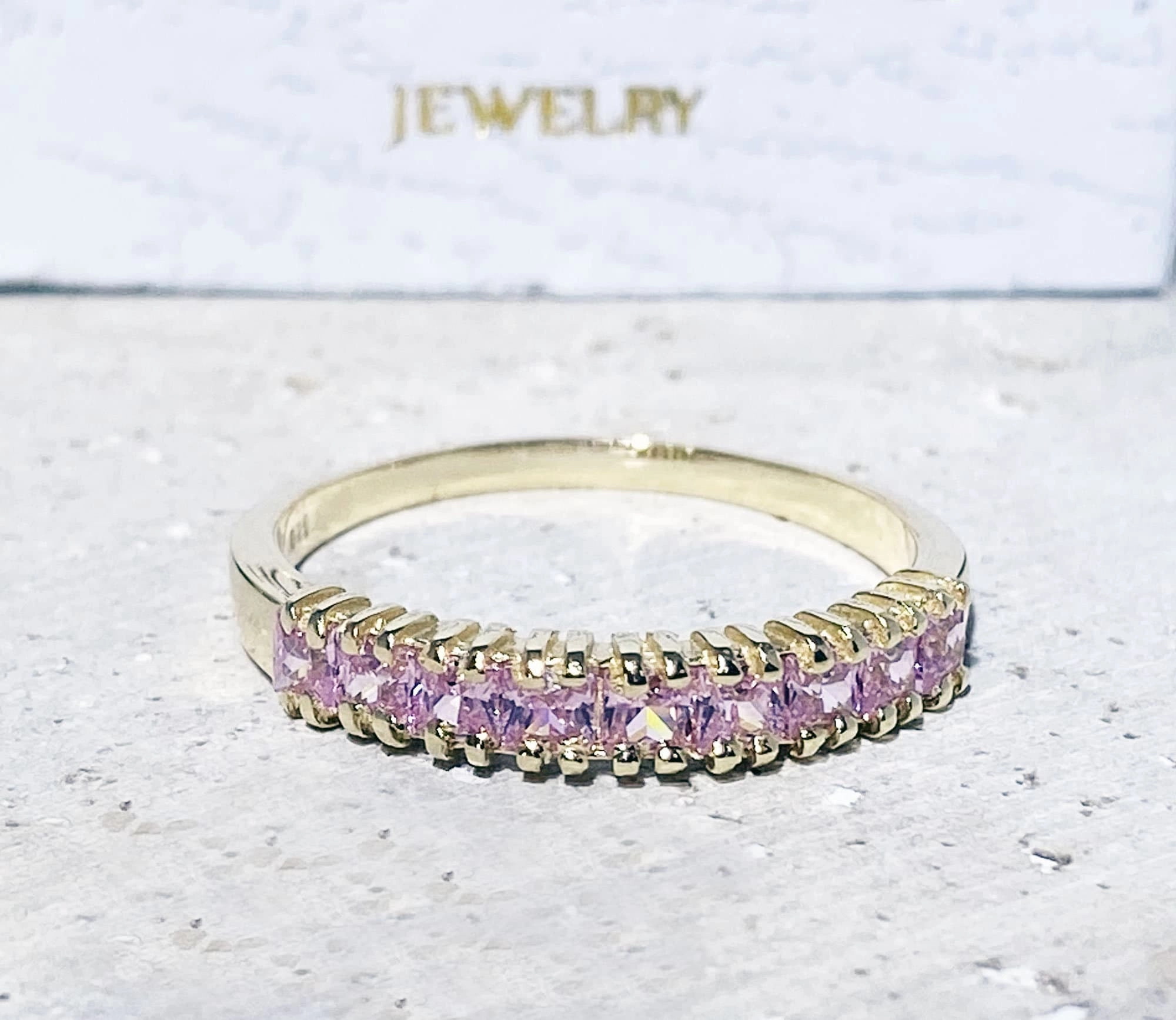 October Birthstone Square Rose Quartz Nine-Stone Half Eternity Stacking Ring