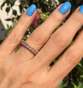 October Birthstone Square Rose Quartz Nine-Stone Half Eternity Stacking Ring