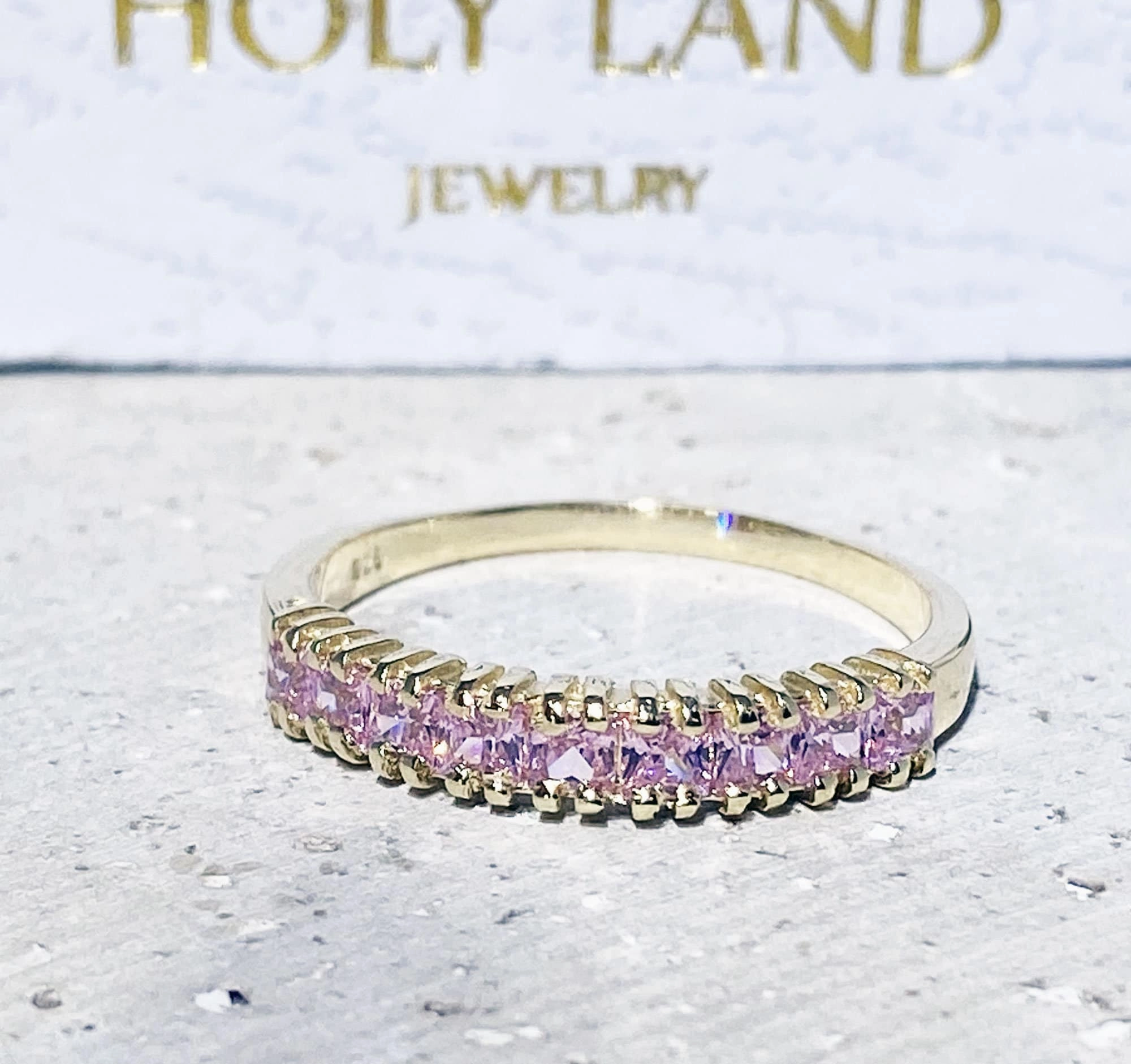 October Birthstone Square Rose Quartz Nine-Stone Half Eternity Stacking Ring