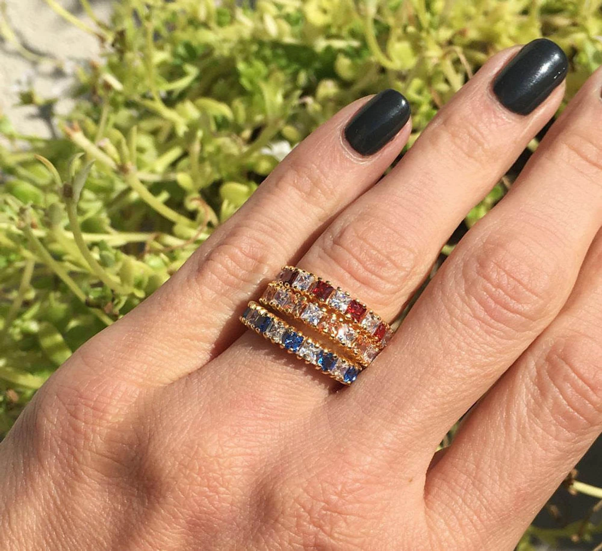 October Birthstone Square Rose Quartz Nine-Stone Half Eternity Stacking Ring