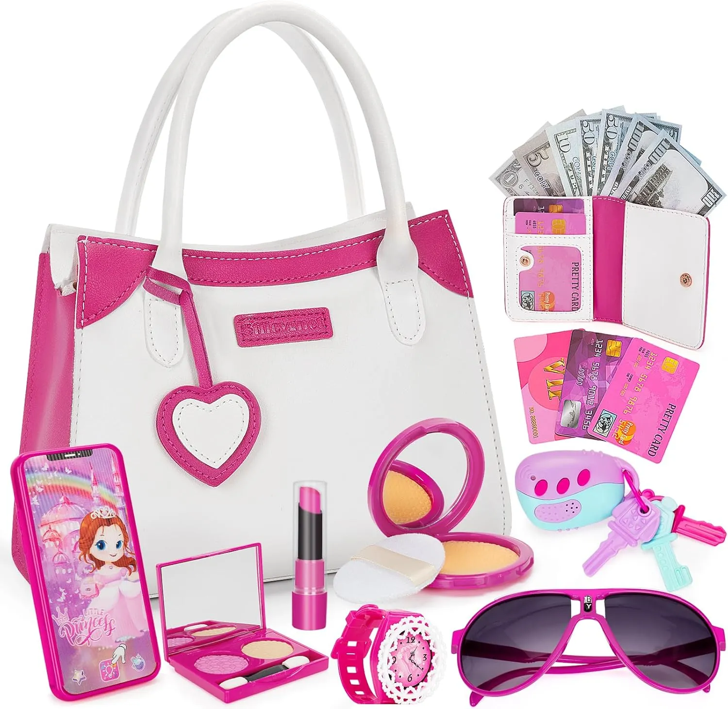 Officygnet Play Purse for Little Girls, Pretend Princess Play Toys for 3 4 5 6 7 8 Year Old, Toddler Purse with Accessories, Kids Toy Birthday for Girls Ages 3-5 4-5 6-8(White)