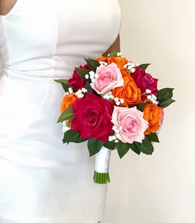 Orange, Hot Pink, and Blush Pink Bouquet and Boutonniere