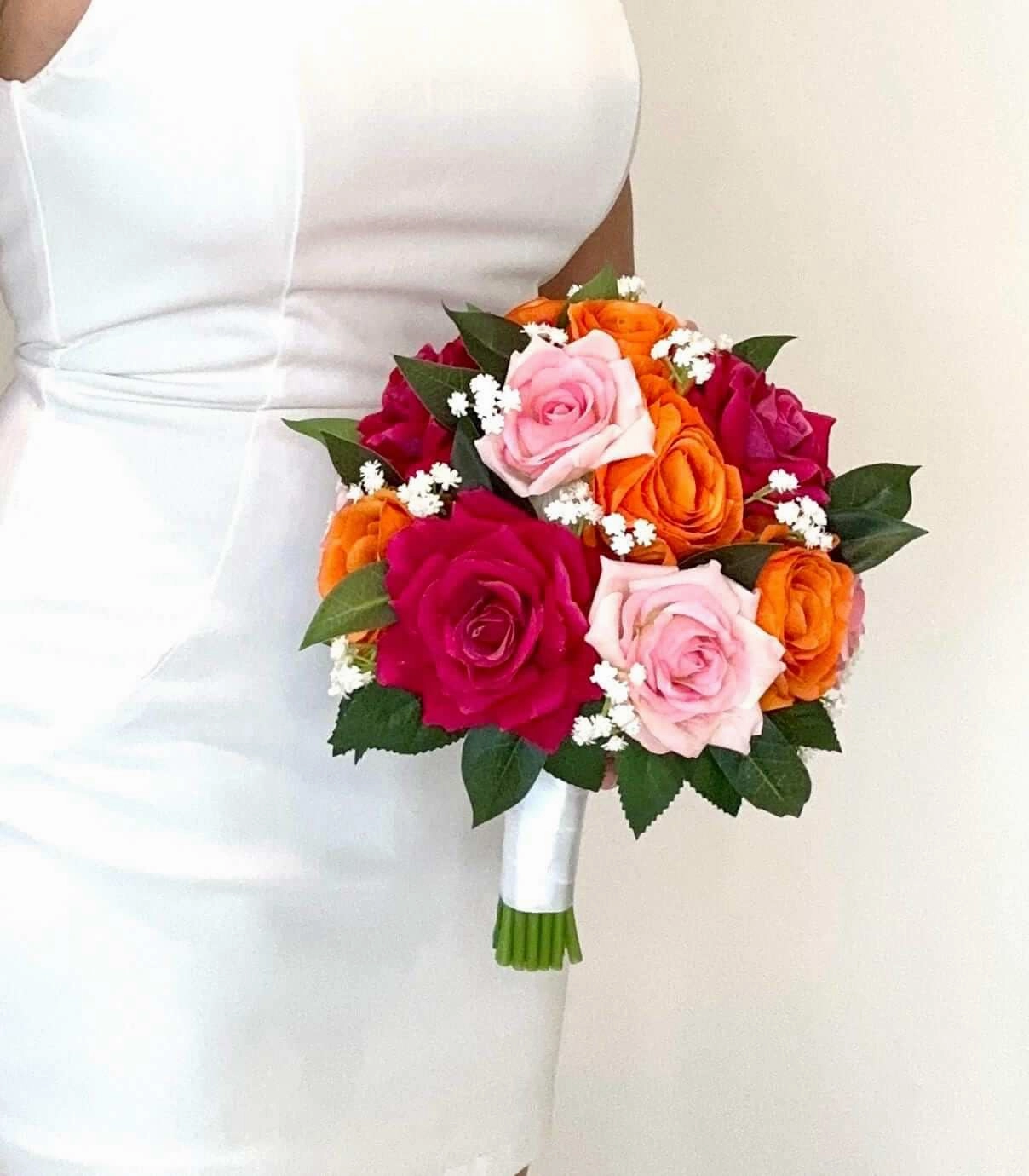 Orange, Hot Pink, and Blush Pink Bouquet and Boutonniere
