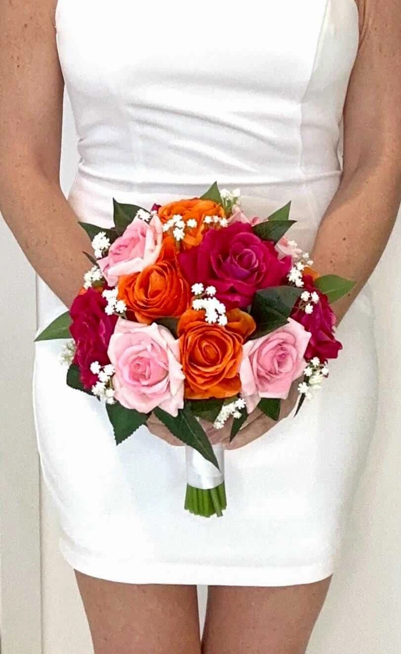 Orange, Hot Pink, and Blush Pink Bouquet and Boutonniere
