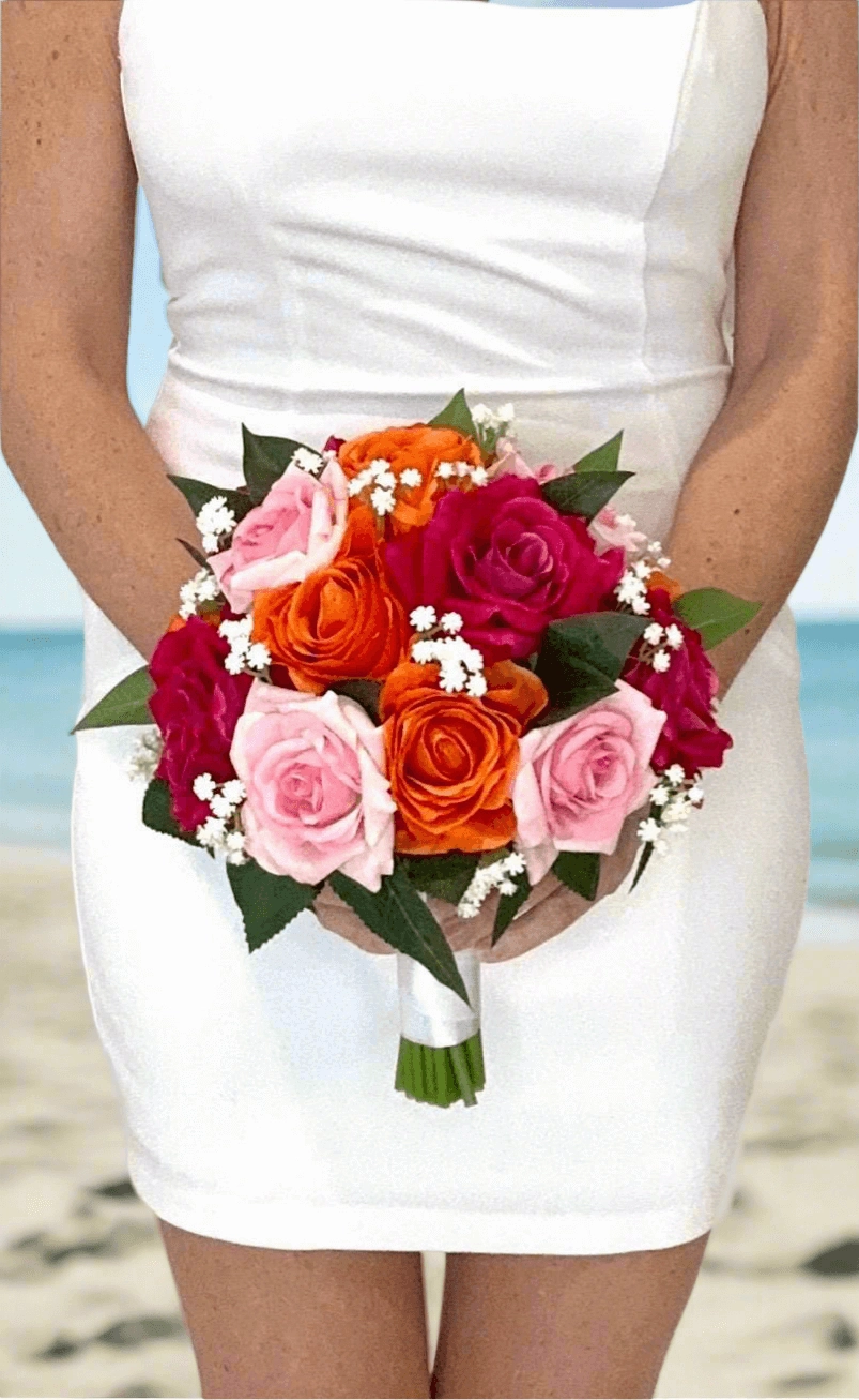 Orange, Hot Pink, and Blush Pink Bouquet and Boutonniere