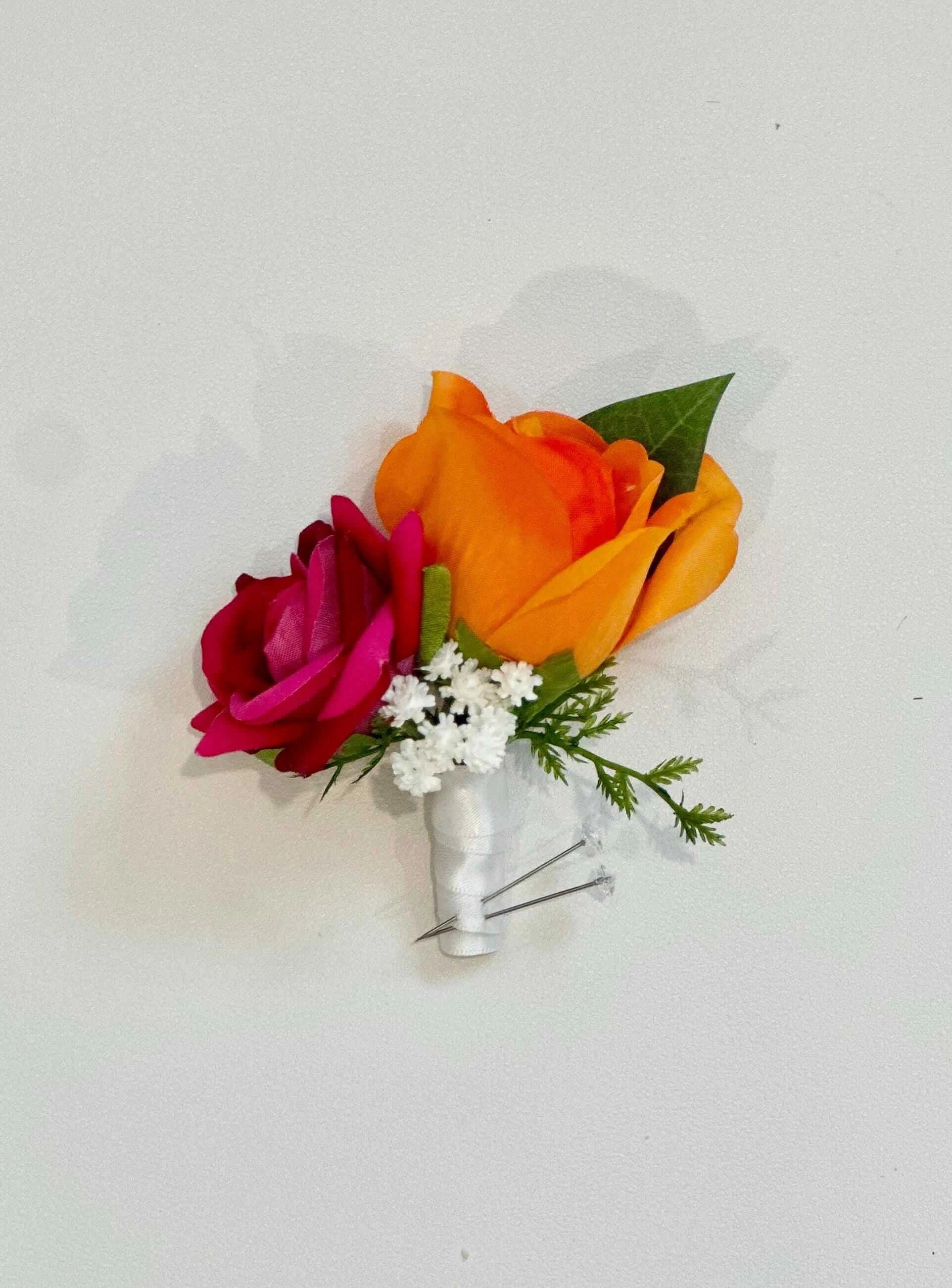 Orange, Hot Pink, and Blush Pink Bouquet and Boutonniere