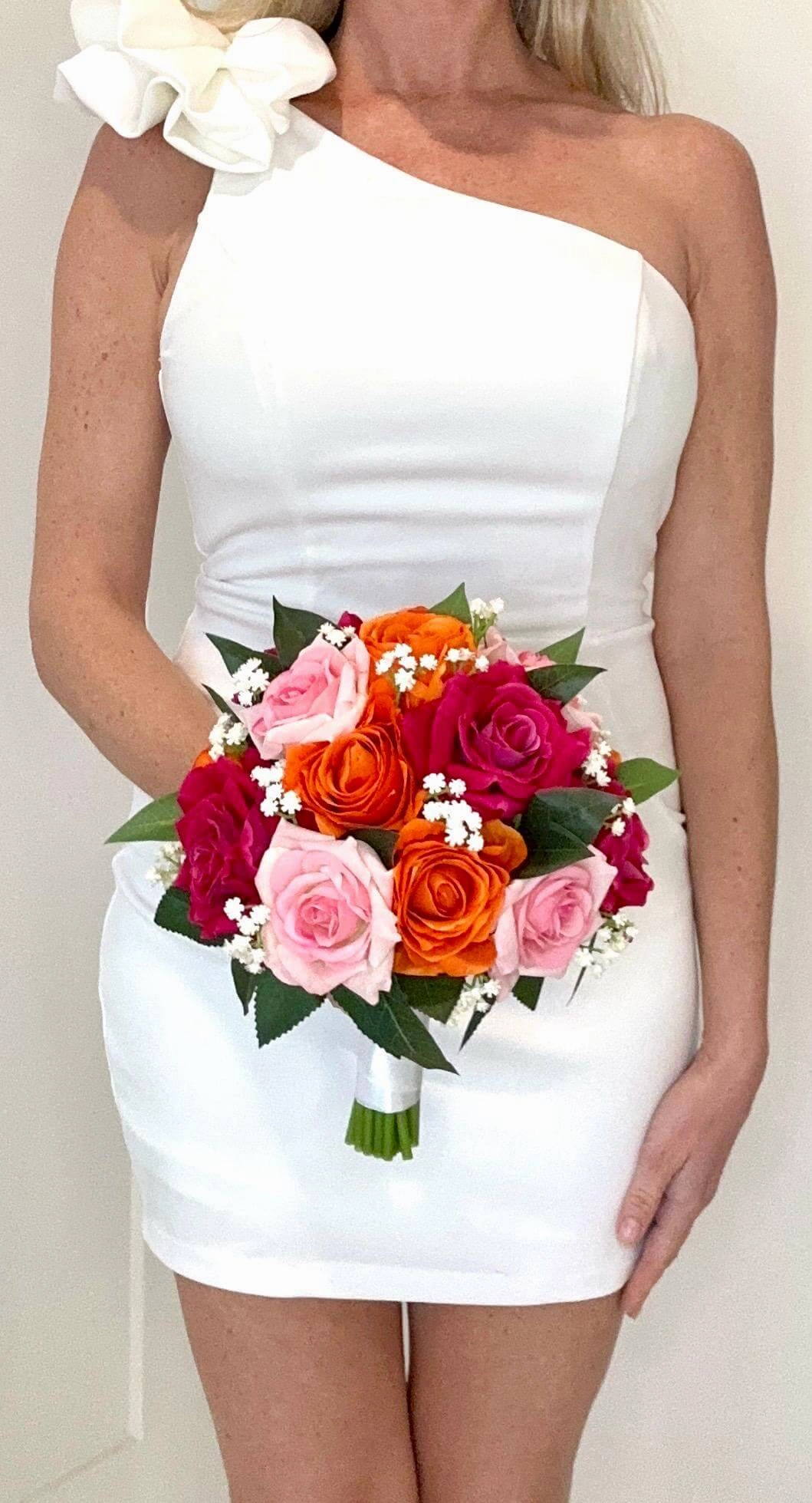 Orange, Hot Pink, and Blush Pink Bouquet and Boutonniere