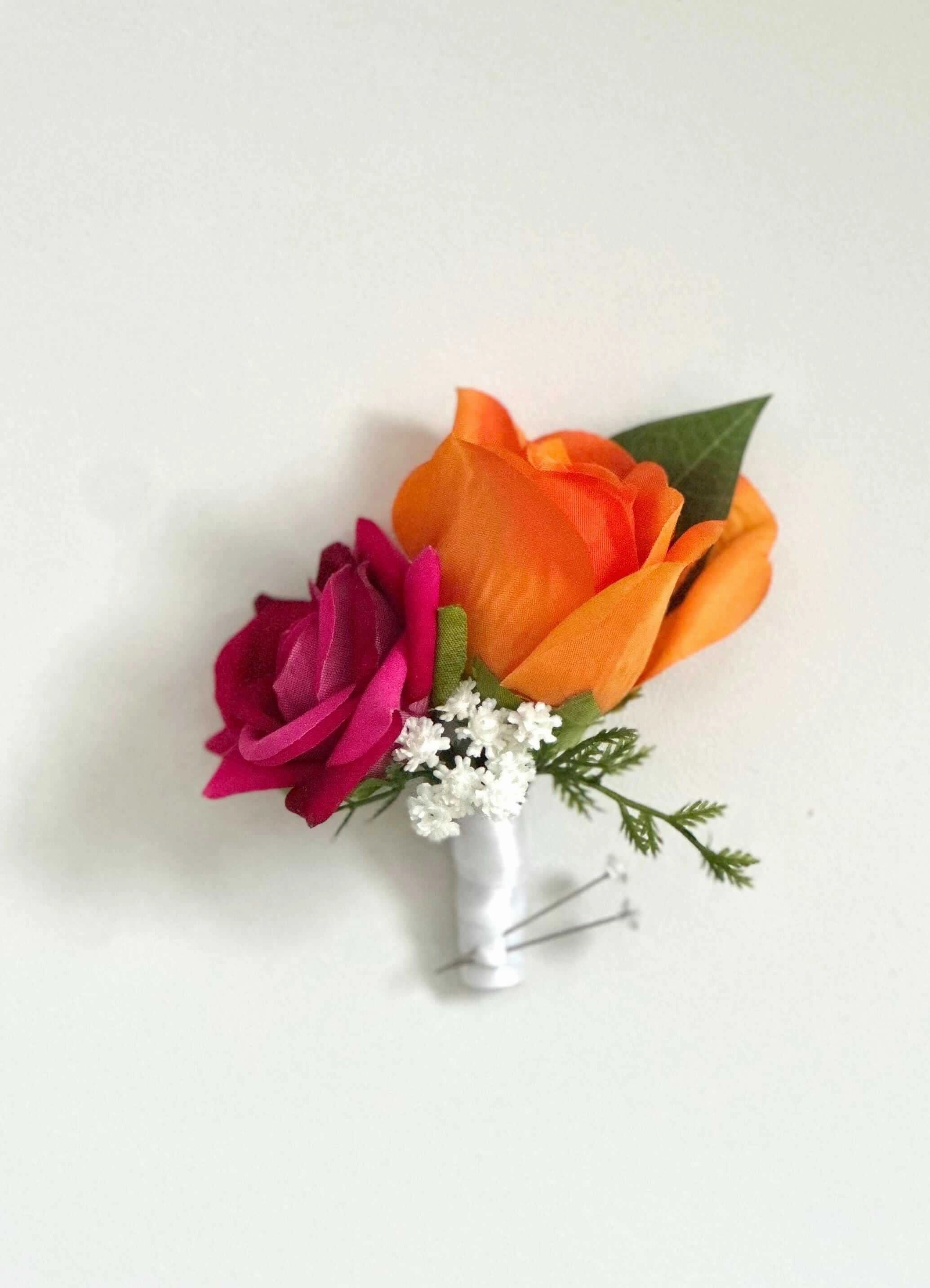 Orange, Hot Pink, and Blush Pink Bouquet and Boutonniere