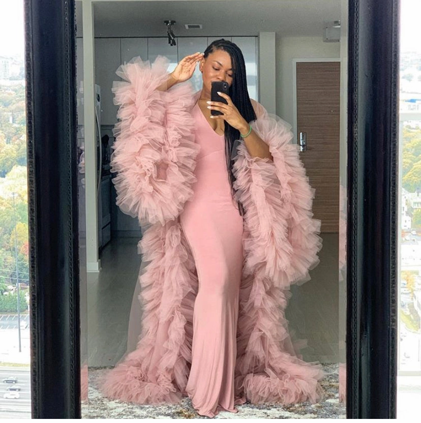 Oyemwen Blush Rose Pink Tulle Robe with Train (as worn by Kashdoll)