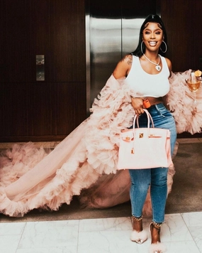 Oyemwen Blush Rose Pink Tulle Robe with Train (as worn by Kashdoll)