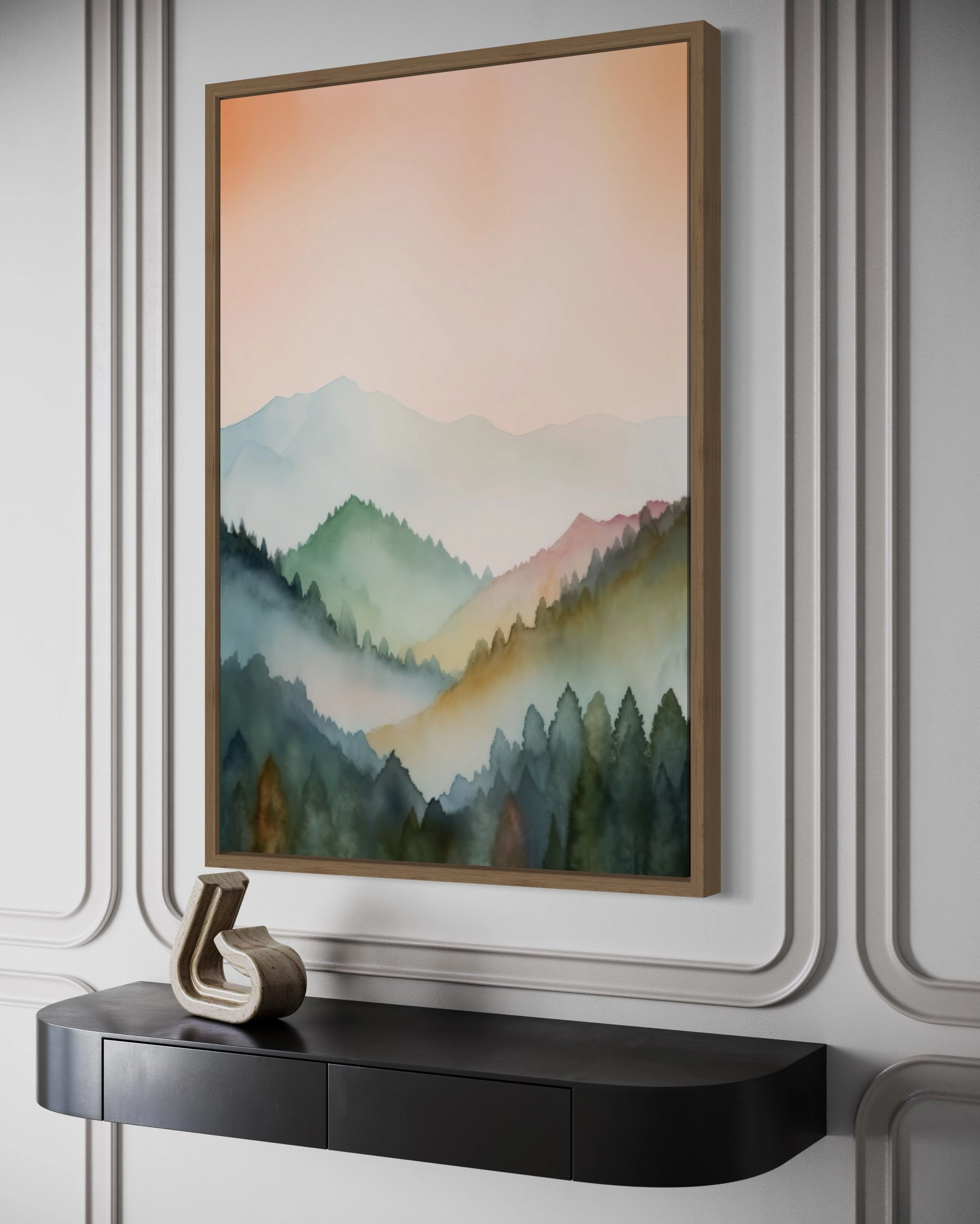 Pastel Mountains Landscape  Blush Pink And Green Vertical Framed Canvas Wall Art