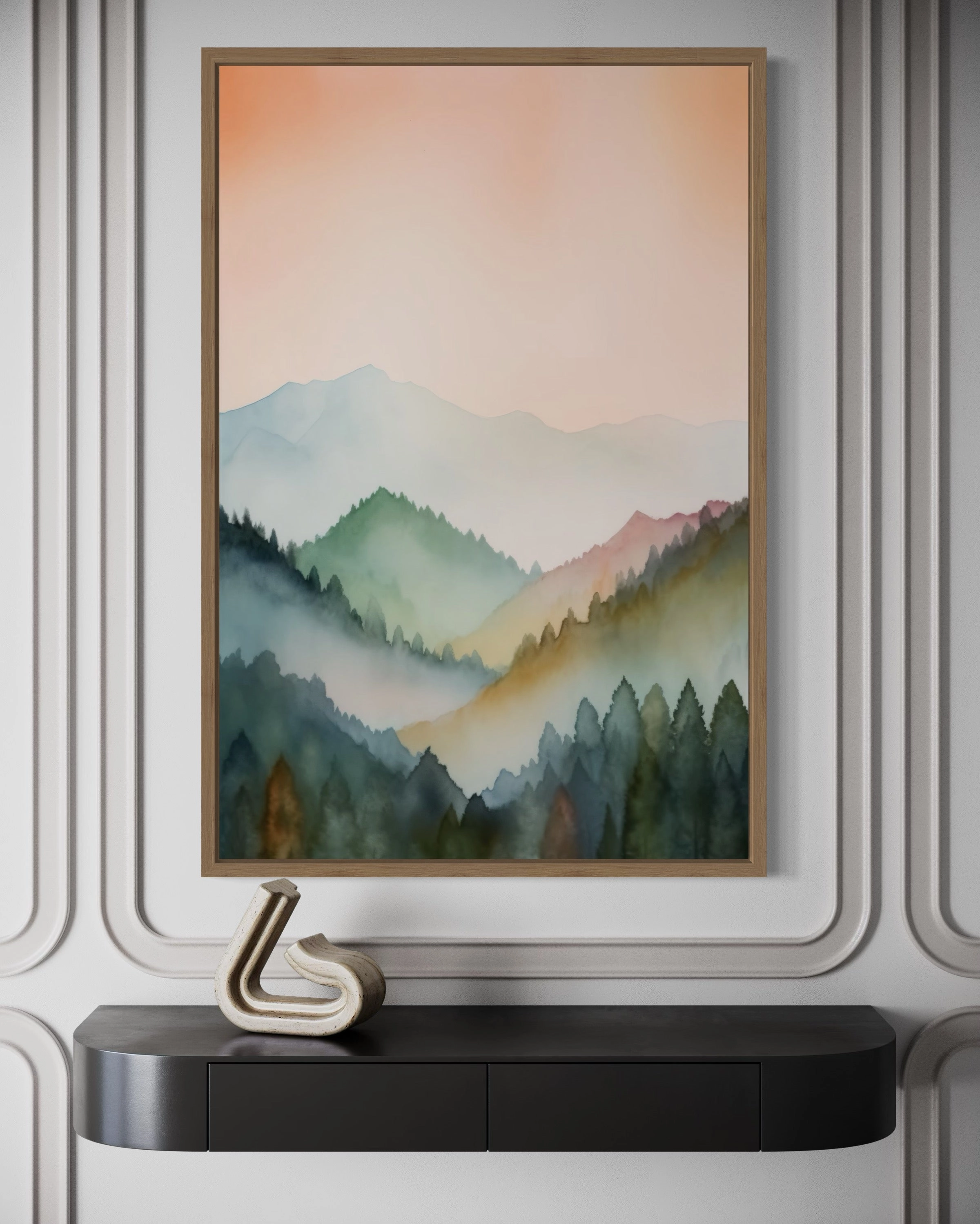 Pastel Mountains Landscape  Blush Pink And Green Vertical Framed Canvas Wall Art