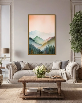 Pastel Mountains Landscape  Blush Pink And Green Vertical Framed Canvas Wall Art