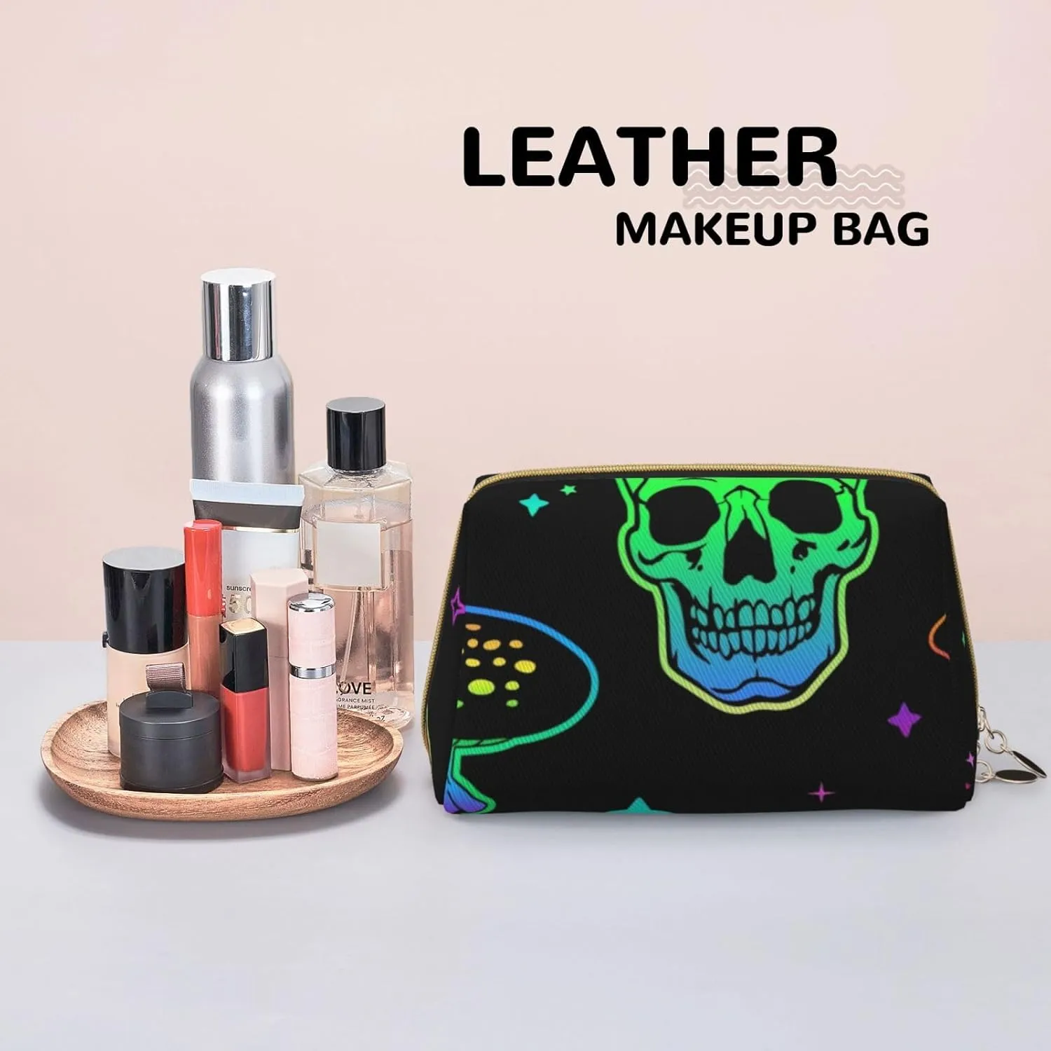 Poisonous Mushrooms And Skulls Makeup Bag Large Makeup Bag Zipper Pouch Travel Cosmetic Organizer For Women