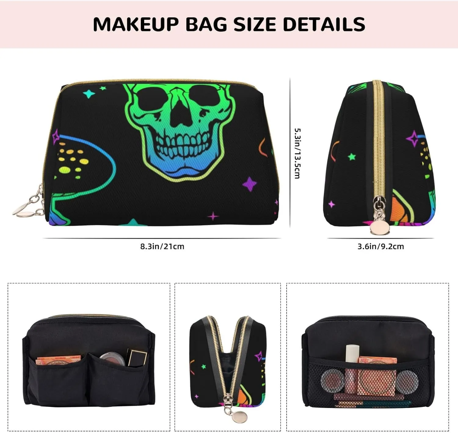 Poisonous Mushrooms And Skulls Makeup Bag Large Makeup Bag Zipper Pouch Travel Cosmetic Organizer For Women