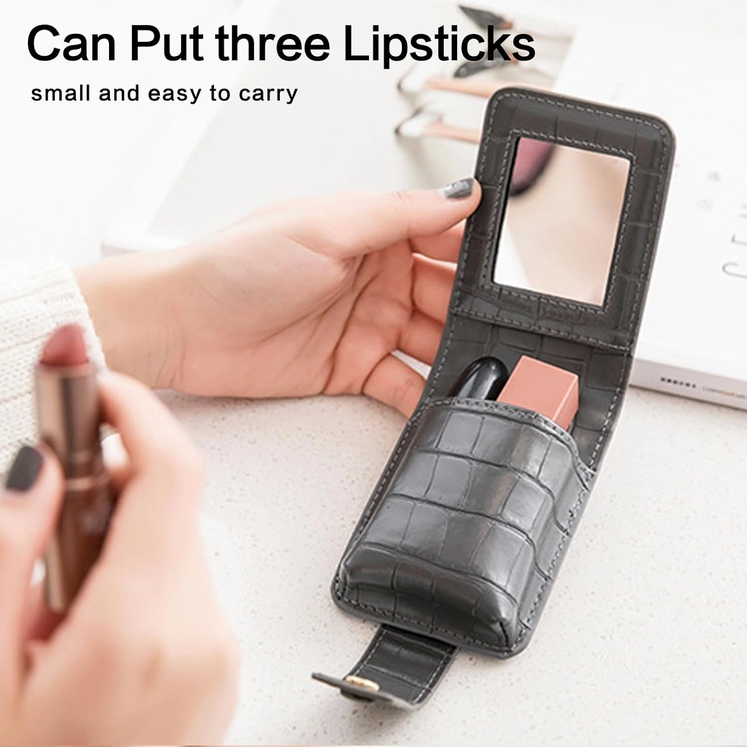 PORRASSO Lipstick Case Portable Mini Cosmetic Bag Women Lipstick Lip Gloss Bag with Mirror Travel Lipstick Holder for Storeing Lipstick Lip Glaze Powder Grey