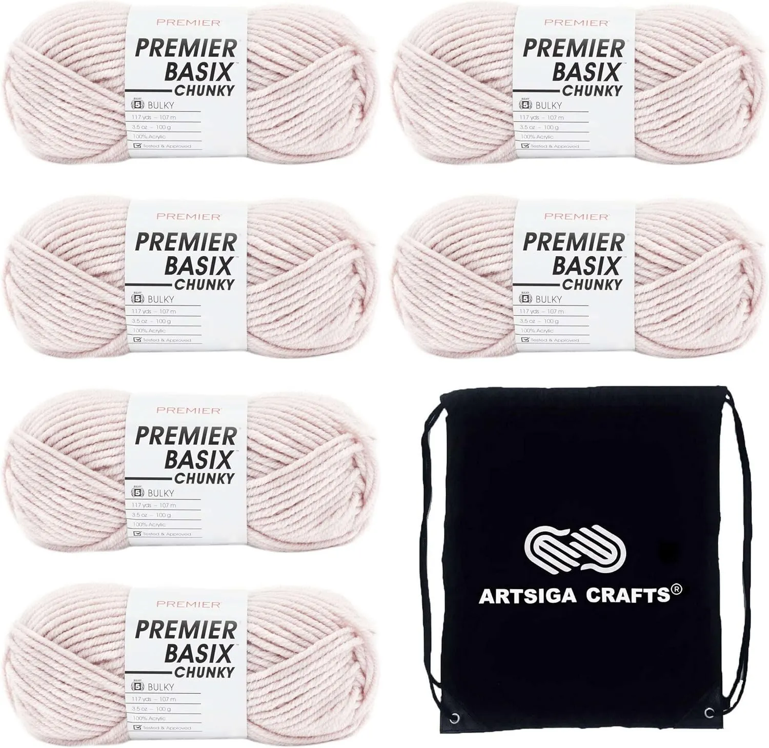 Premier Yarns Basix Chunky Blush 1145-19 (6-Skeins - Same Dye Lot) Chunky Bulky #5 Acrylic Yarn for Crocheting and Knitting with Project Bag