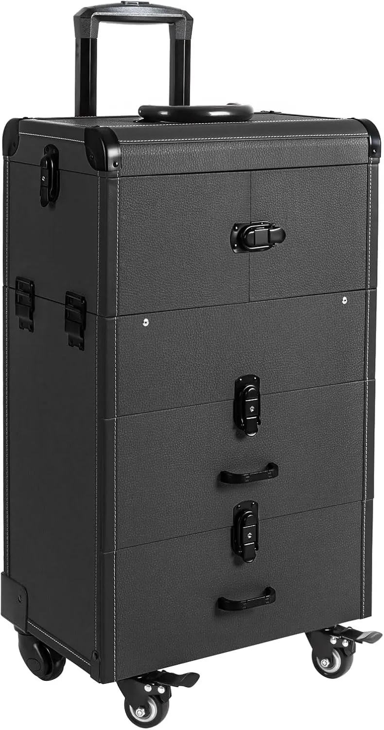Professional Rolling Makeup Case, Makeup Train Case with 4 360° Swivel Wheels, Lockable Large Trolley Storage Case for Nail Technicians for Hair Stylist Beauty Salon (Black)