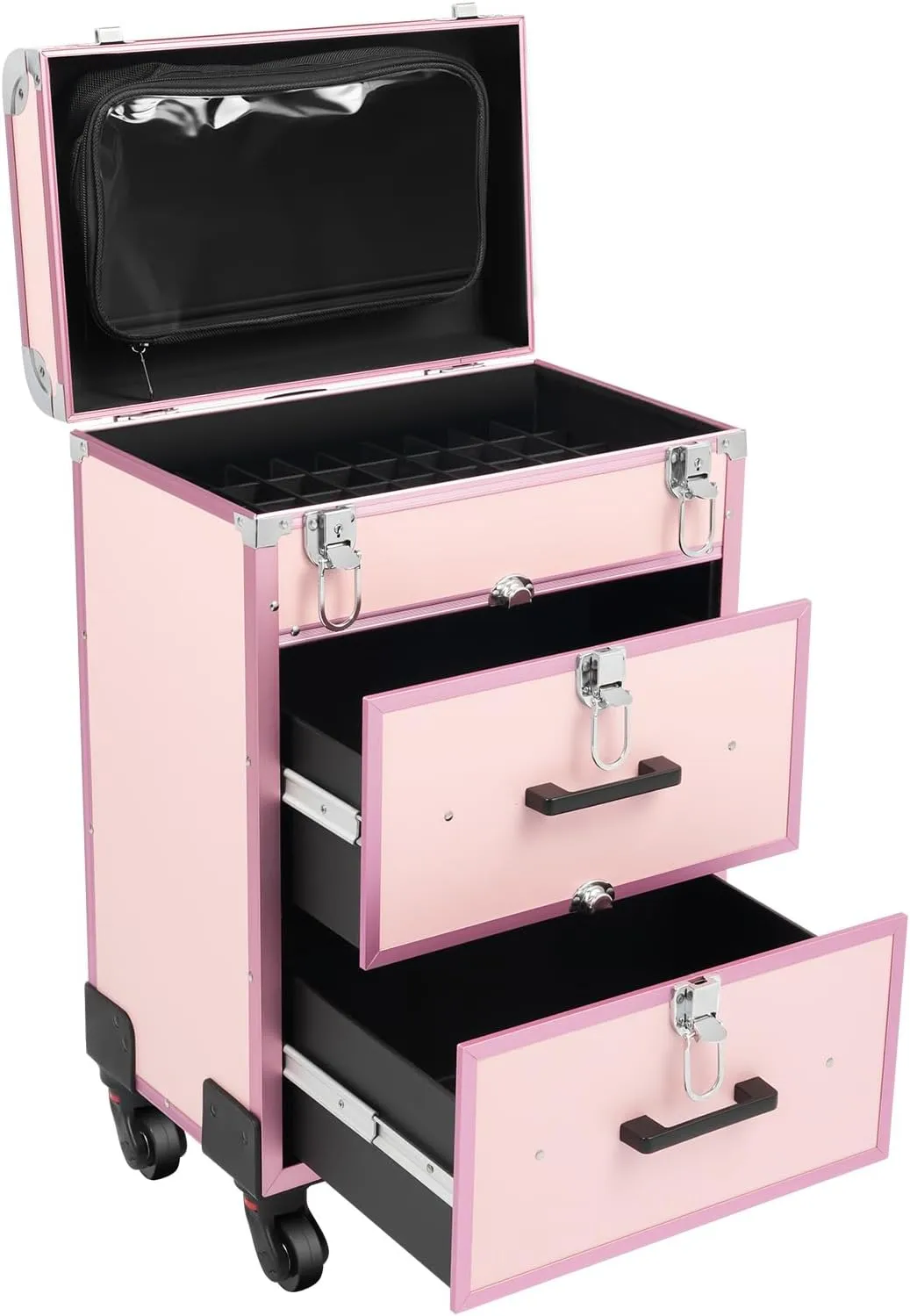 Professional Rolling Makeup Train Case Cosmetic Trolley Makeup Storage Organizer, Large Storage Cosmetic Trolley, with Key Swivel Wheels Salon Barber Case Traveling Cart Trunk (Pink)