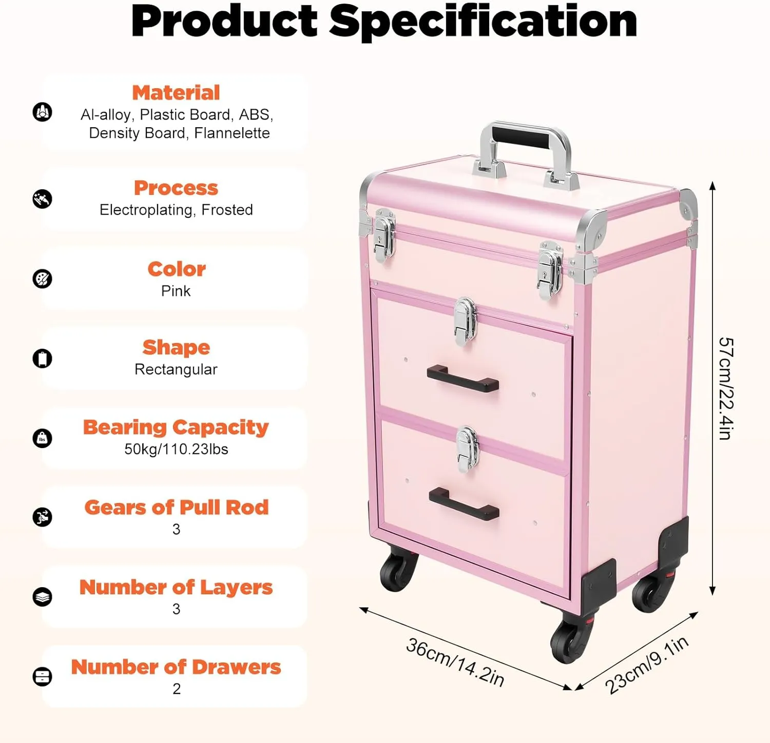 Professional Rolling Makeup Train Case Cosmetic Trolley Makeup Storage Organizer, Large Storage Cosmetic Trolley, with Key Swivel Wheels Salon Barber Case Traveling Cart Trunk (Pink)