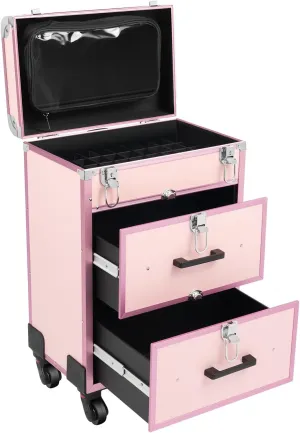 Professional Rolling Makeup Train Case Cosmetic Trolley Makeup Storage Organizer, Large Storage Cosmetic Trolley, with Key Swivel Wheels Salon Barber Case Traveling Cart Trunk (Pink)